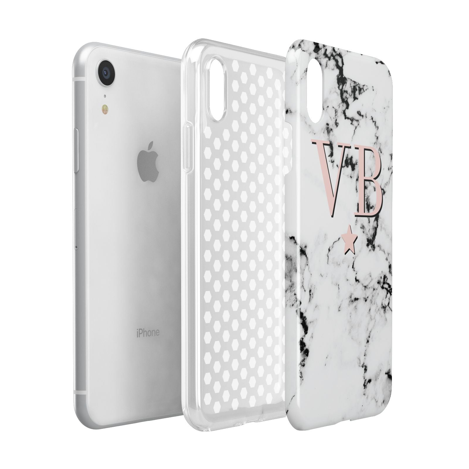 Personalised Coral Initials Star Marble Apple iPhone XR White 3D Tough Case Expanded view