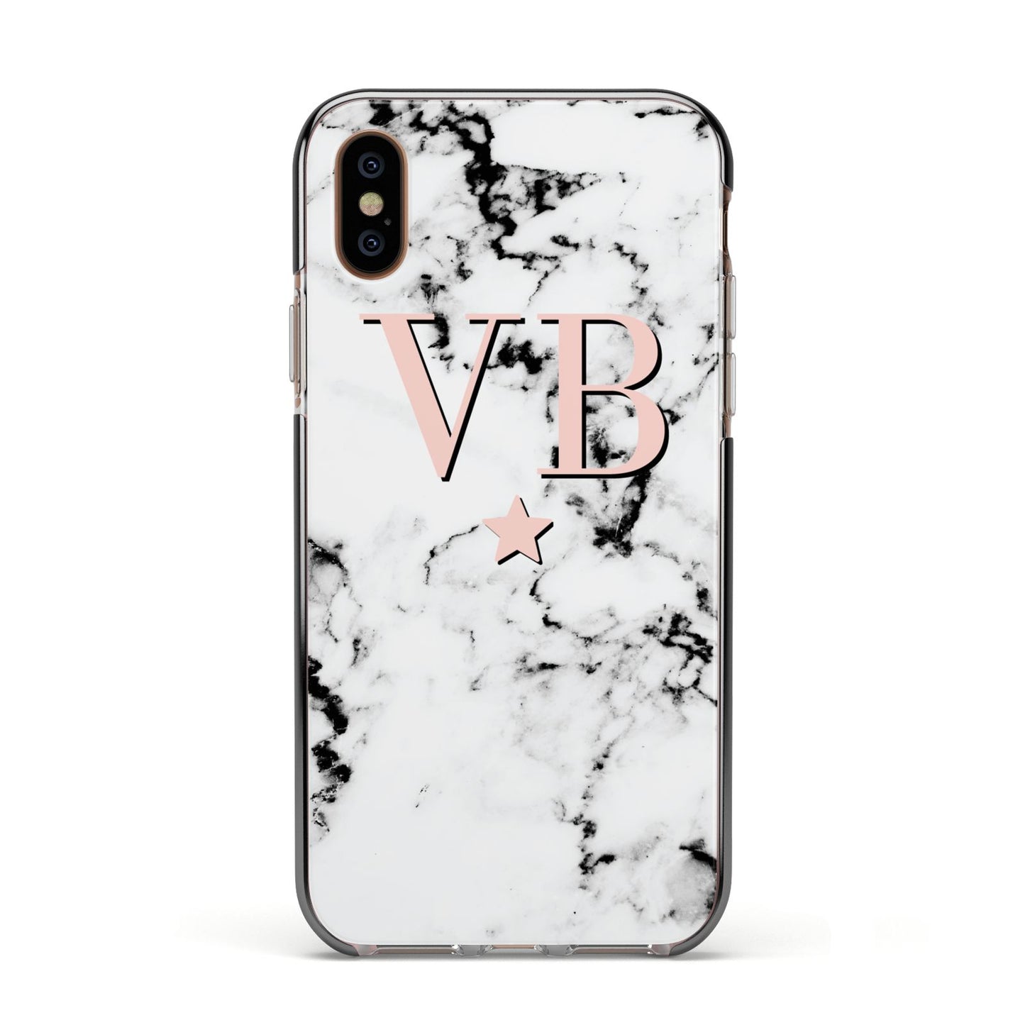 Personalised Coral Initials Star Marble Apple iPhone Xs Impact Case Black Edge on Gold Phone