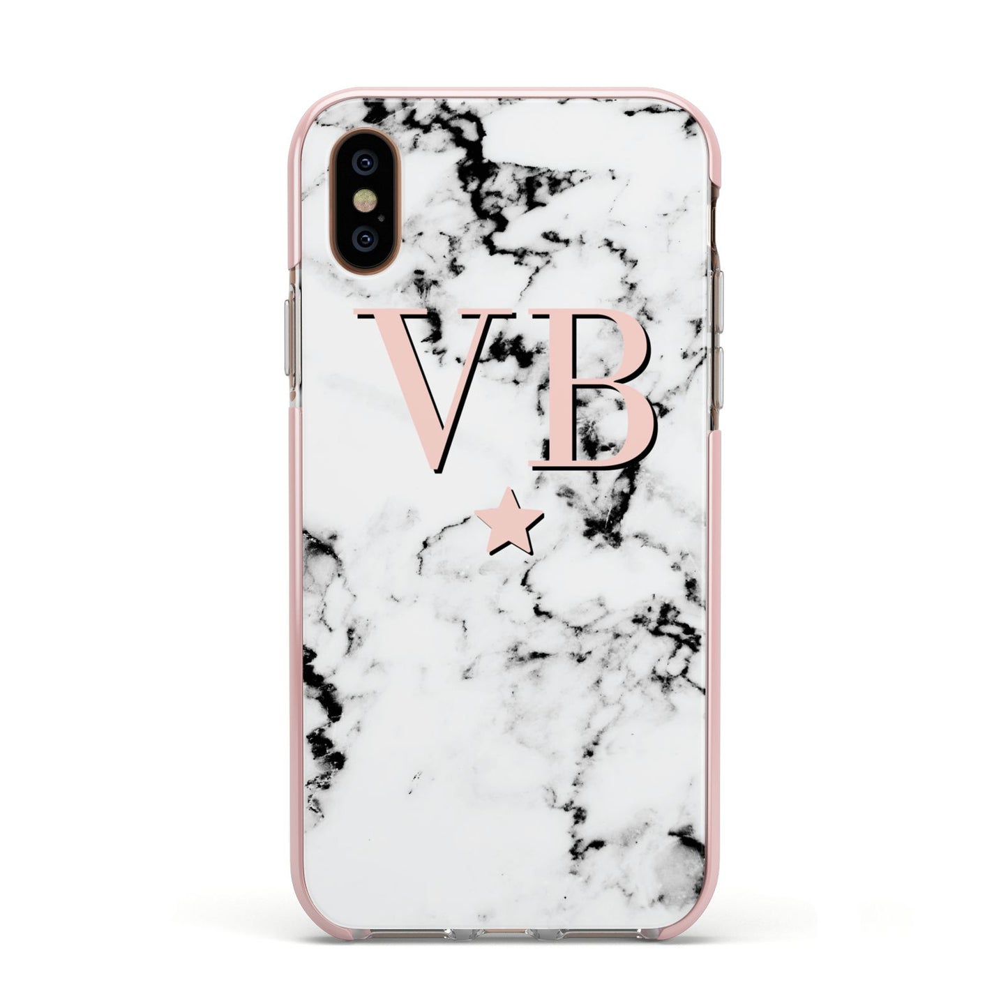 Personalised Coral Initials Star Marble Apple iPhone Xs Impact Case Pink Edge on Gold Phone