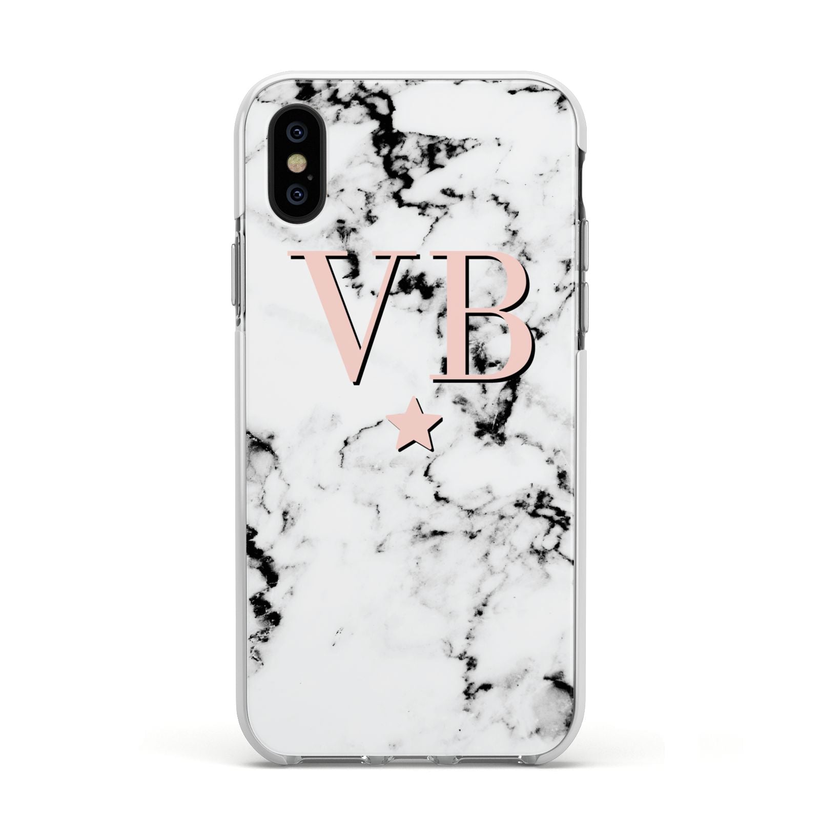 Personalised Coral Initials Star Marble Apple iPhone Xs Impact Case White Edge on Black Phone