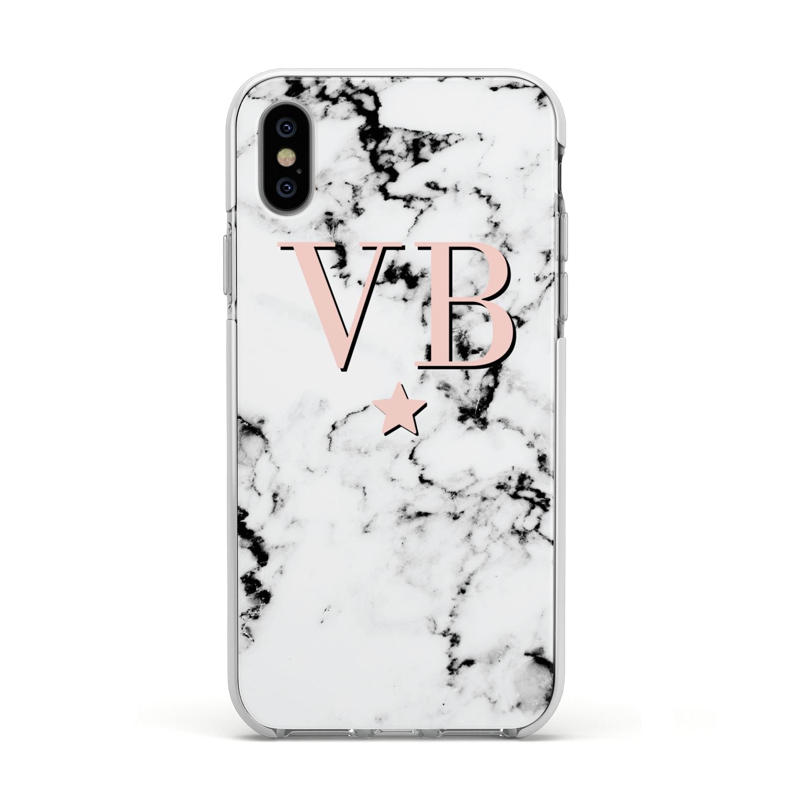 Personalised Coral Initials Star Marble Apple iPhone Xs Impact Case White Edge on Silver Phone