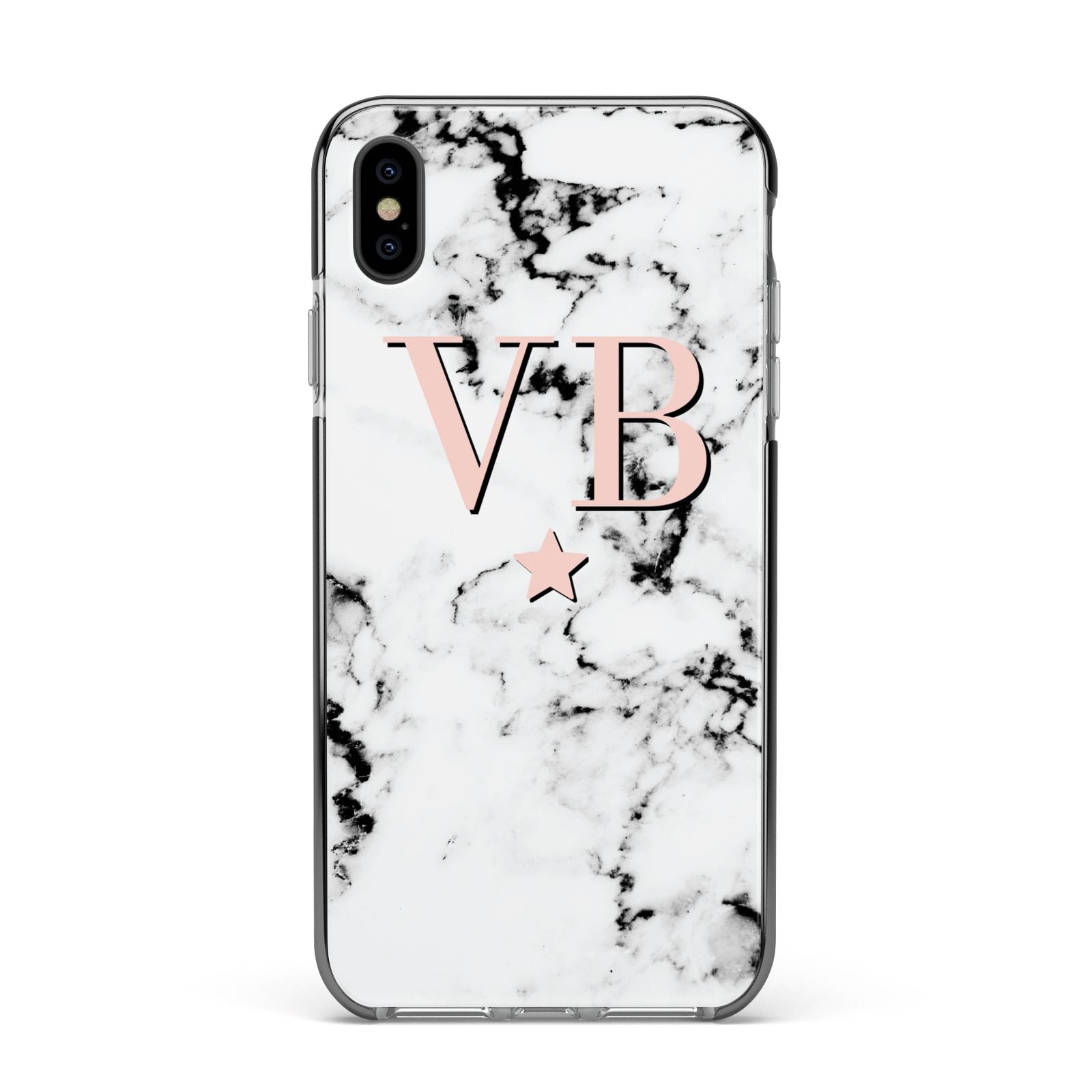 Personalised Coral Initials Star Marble Apple iPhone Xs Max Impact Case Black Edge on Black Phone