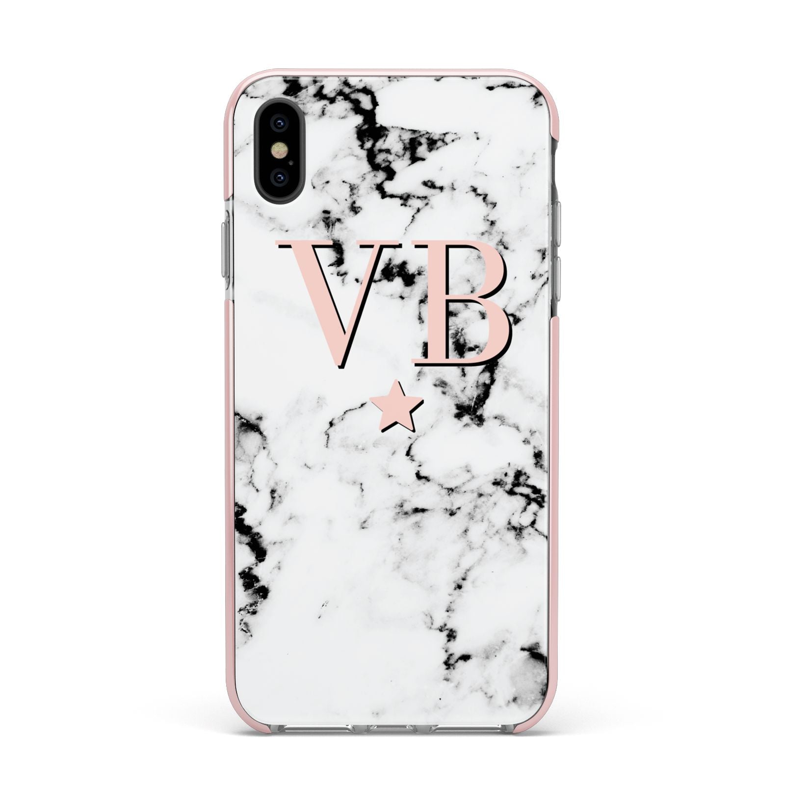 Personalised Coral Initials Star Marble Apple iPhone Xs Max Impact Case Pink Edge on Black Phone