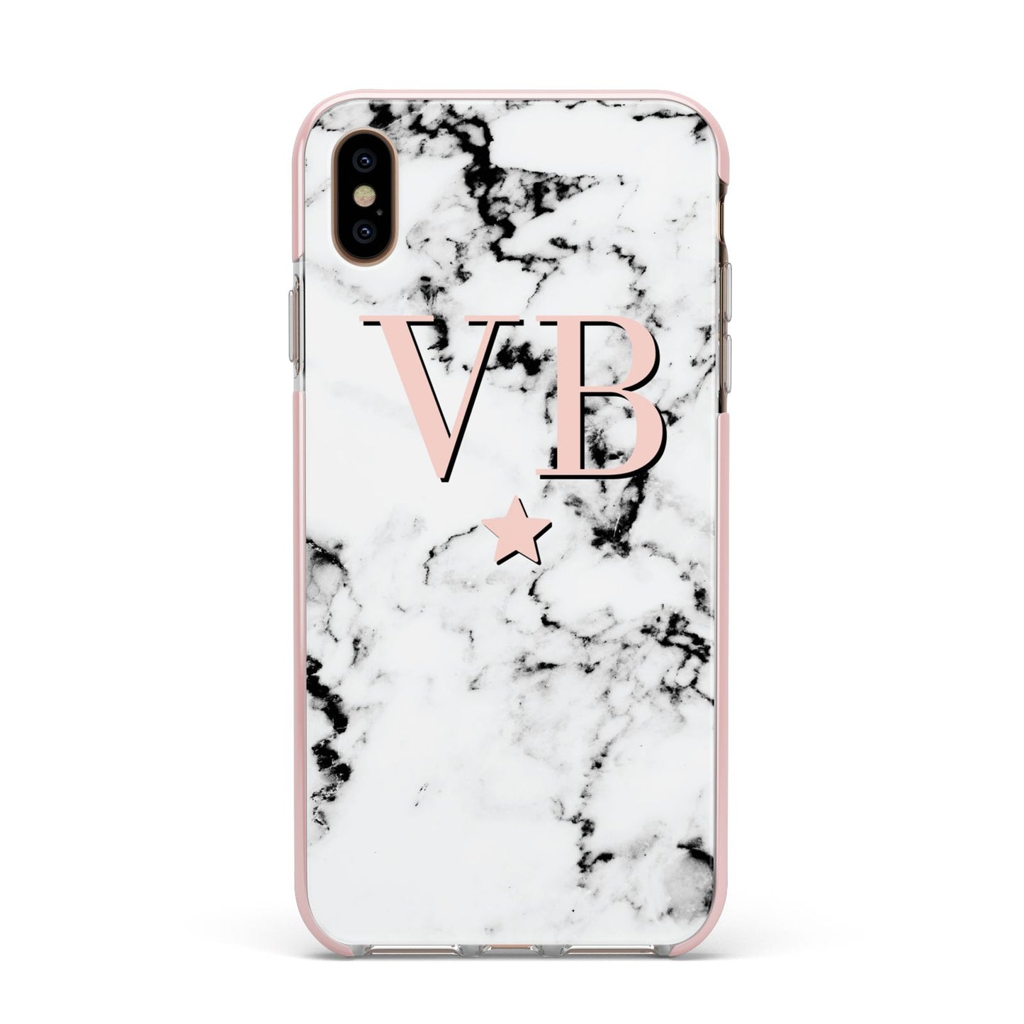Personalised Coral Initials Star Marble Apple iPhone Xs Max Impact Case Pink Edge on Gold Phone