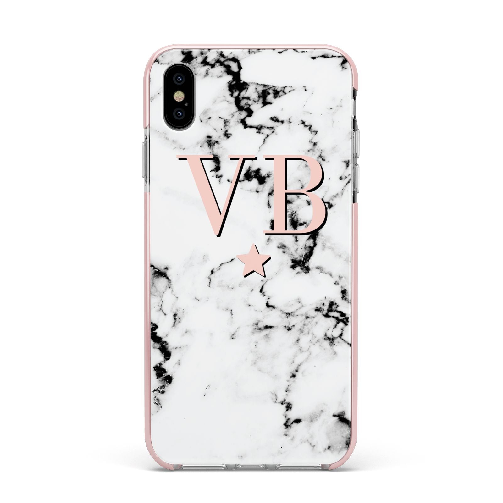 Personalised Coral Initials Star Marble Apple iPhone Xs Max Impact Case Pink Edge on Silver Phone