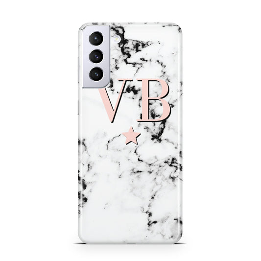 Personalised Coral Initials Star Marble Samsung S21 Plus Phone Case