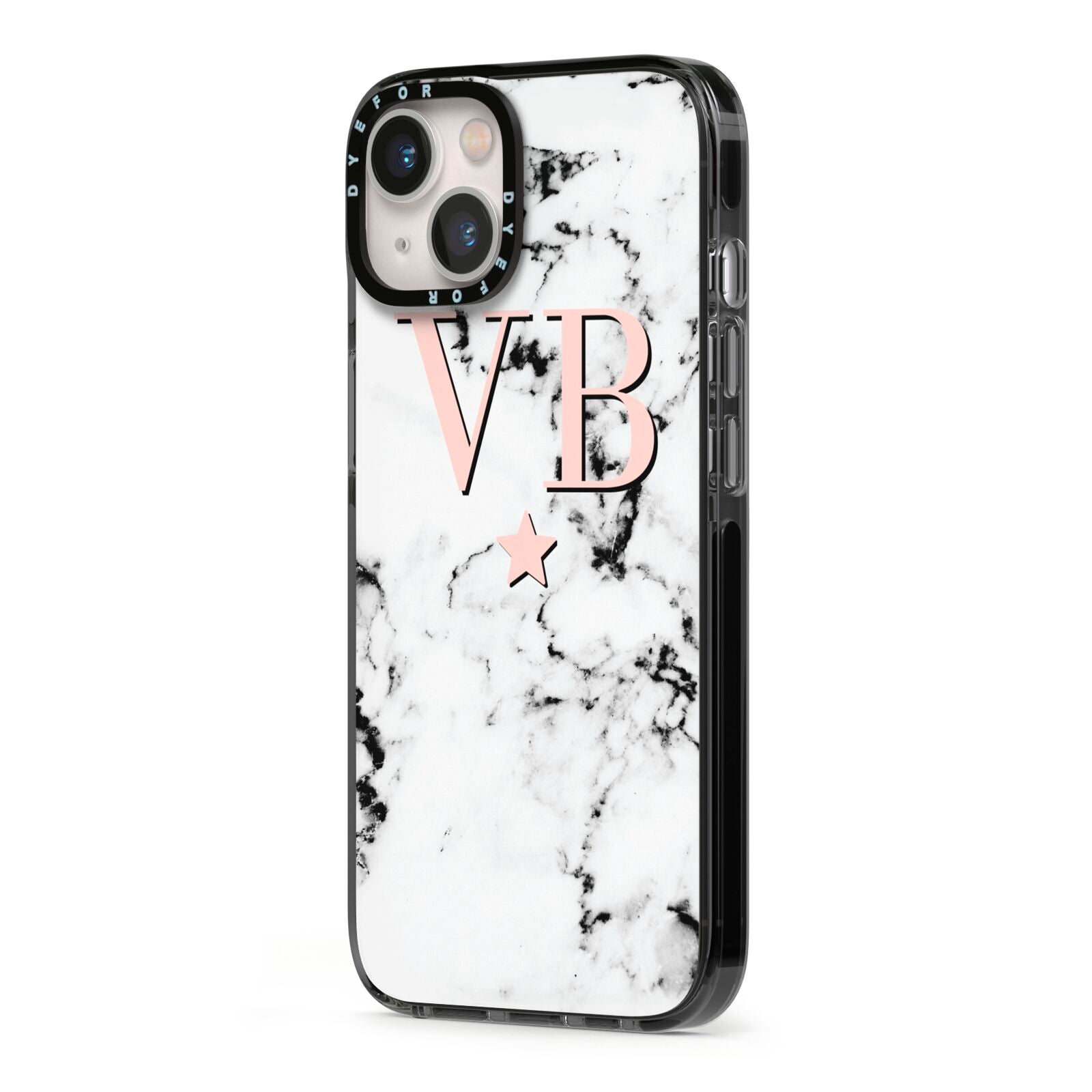 Personalised Coral Initials Star Marble iPhone 13 Black Impact Case Side Angle on Silver phone