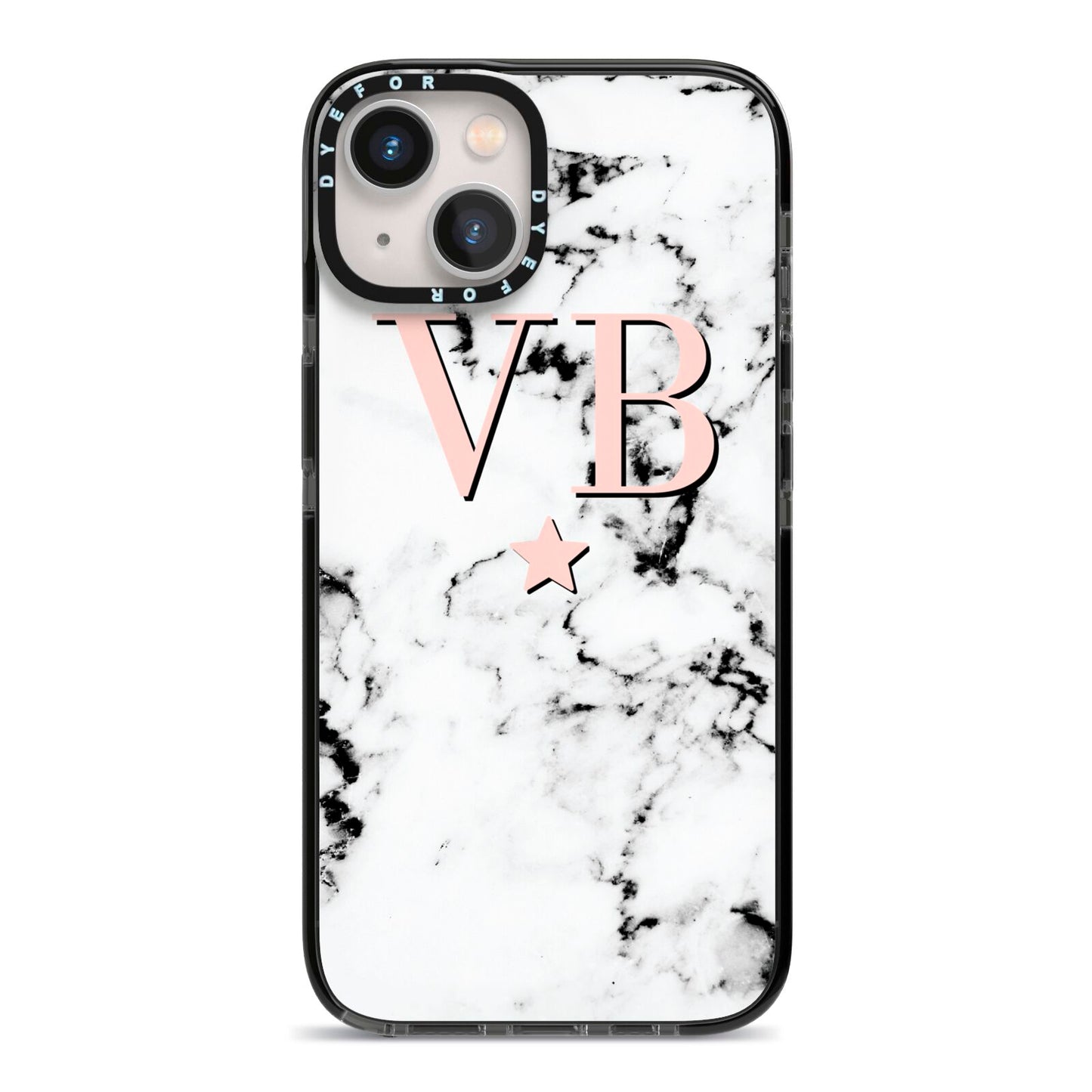 Personalised Coral Initials Star Marble iPhone 13 Black Impact Case on Silver phone