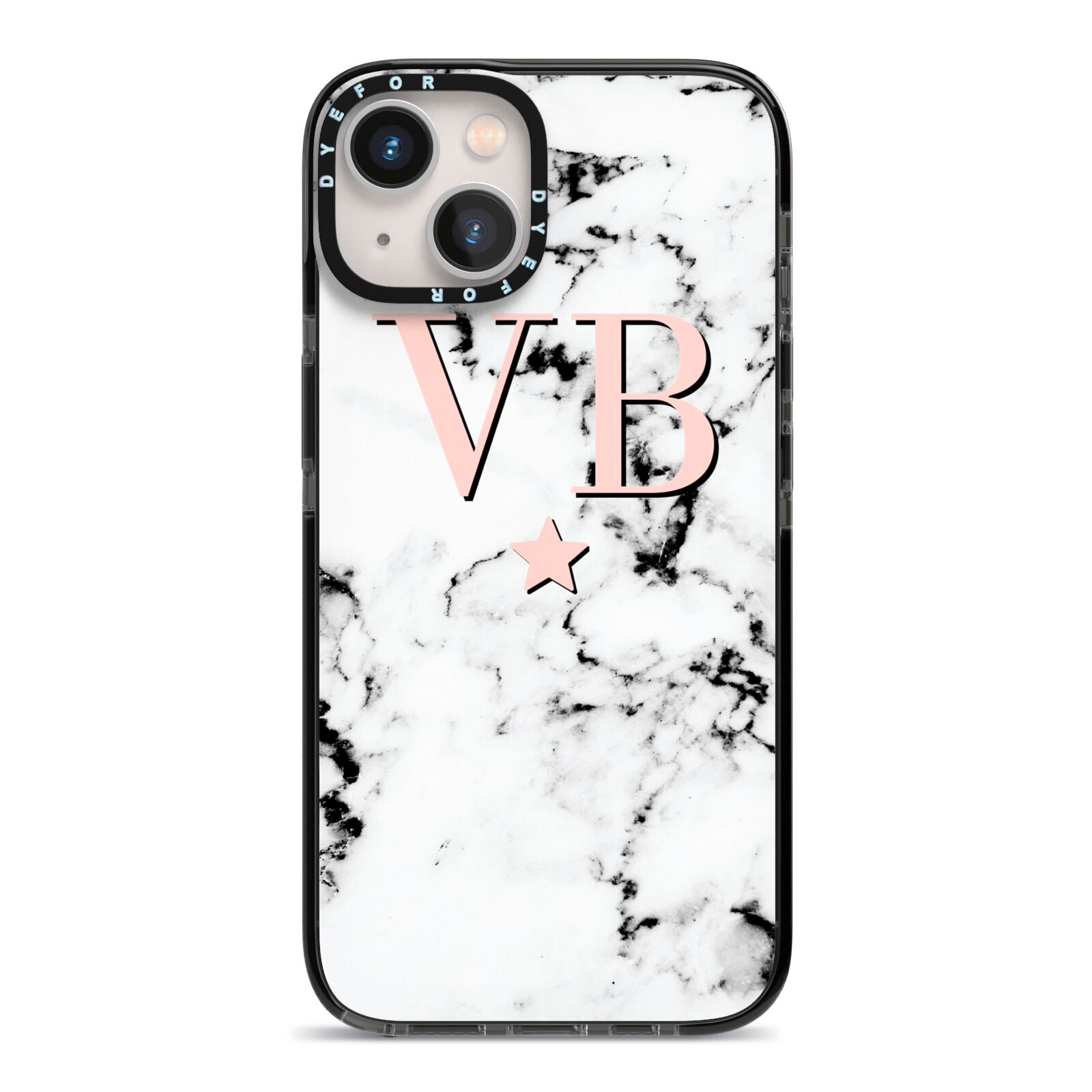 Personalised Coral Initials Star Marble iPhone 13 Black Impact Case on Silver phone