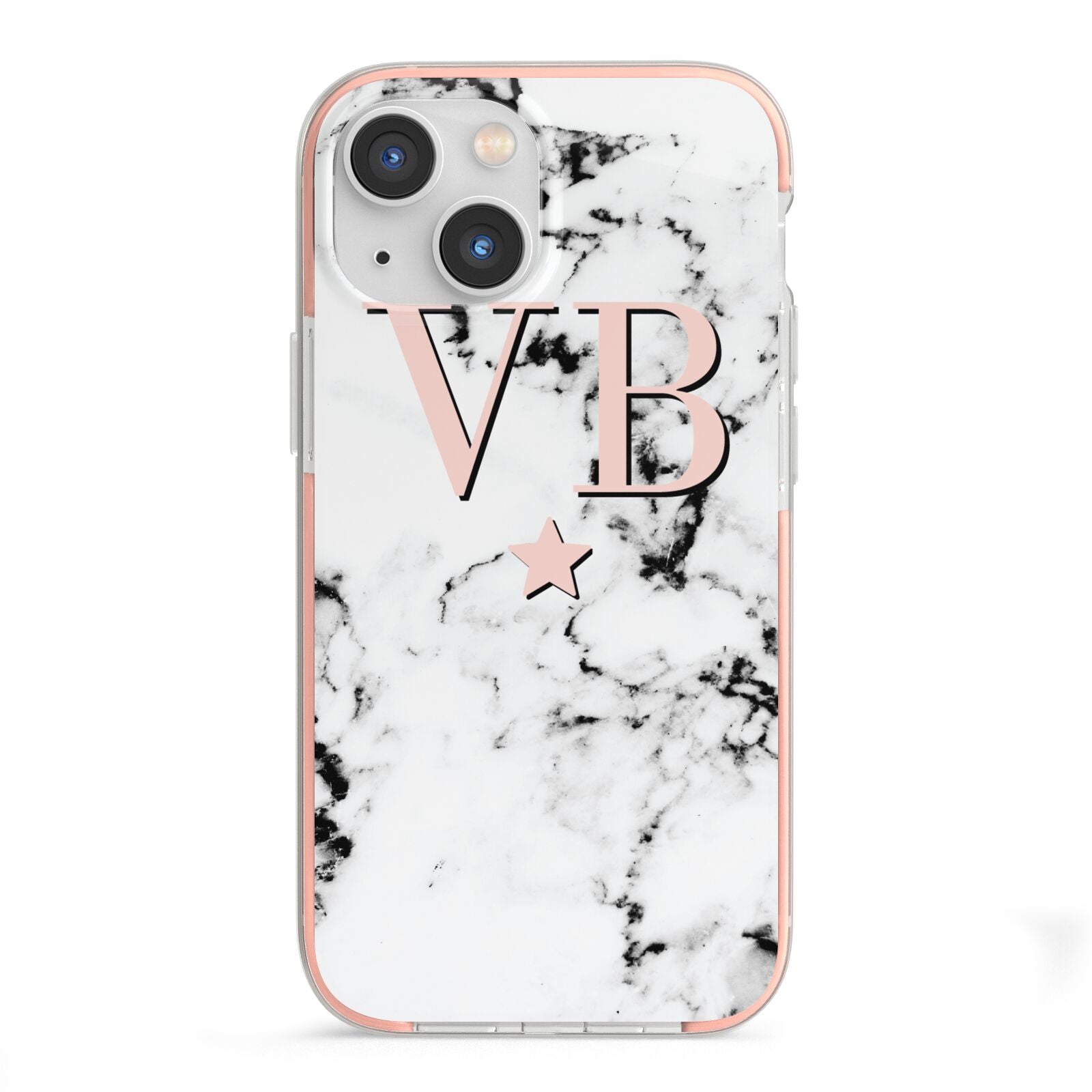Personalised Coral Initials Star Marble iPhone 13 Mini TPU Impact Case with Pink Edges