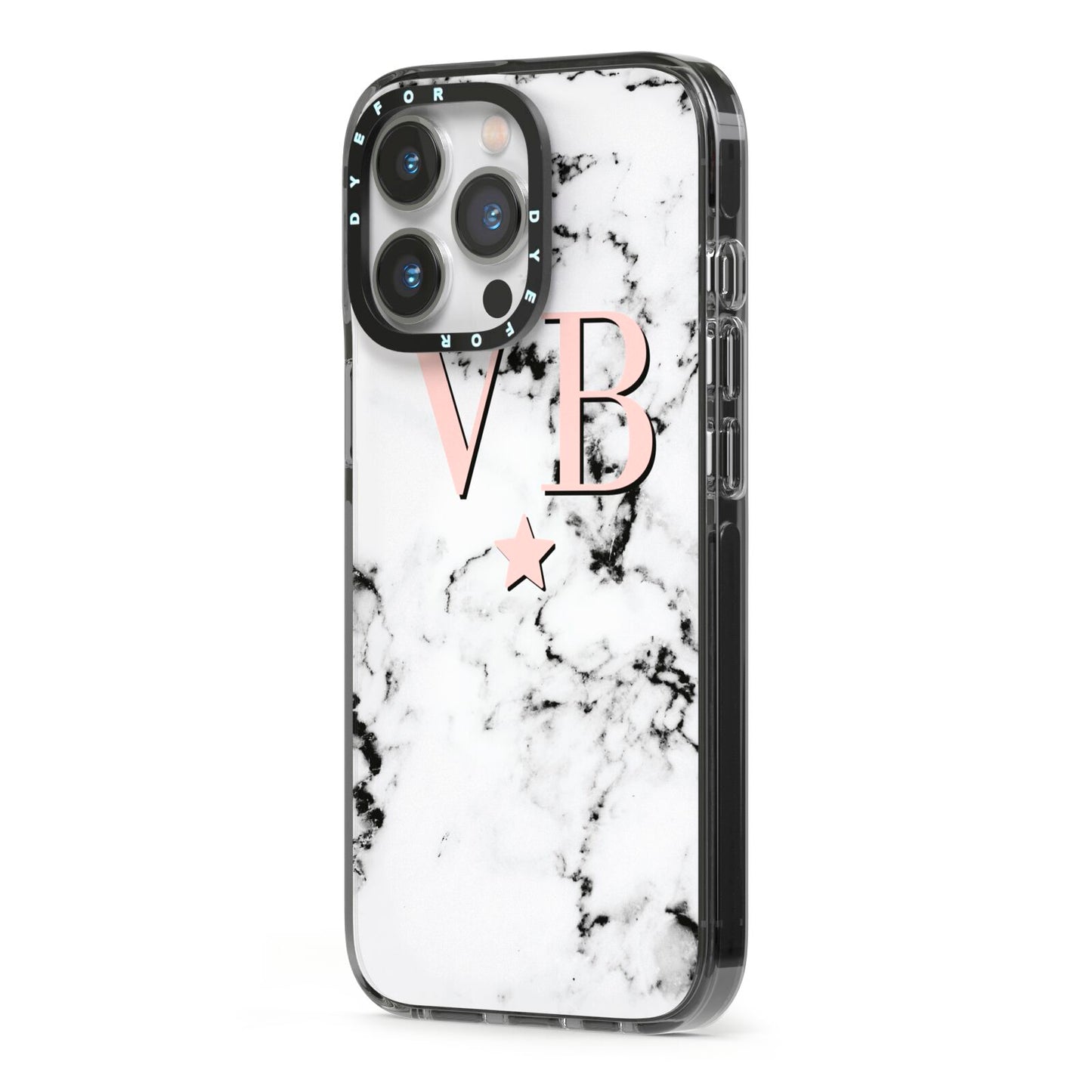Personalised Coral Initials Star Marble iPhone 13 Pro Black Impact Case Side Angle on Silver phone
