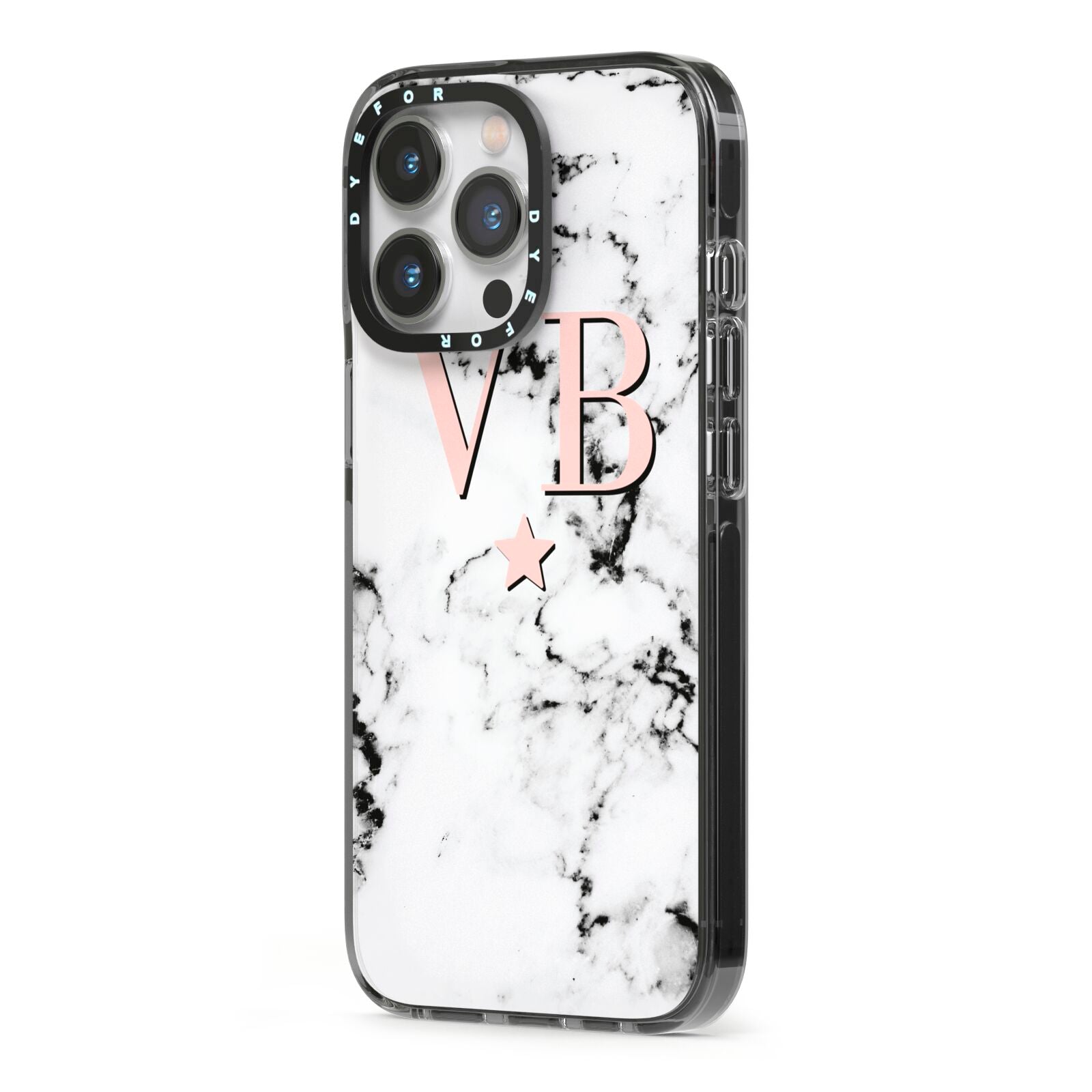 Personalised Coral Initials Star Marble iPhone 13 Pro Black Impact Case Side Angle on Silver phone