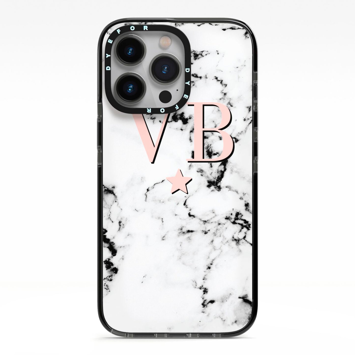 Personalised Coral Initials Star Marble iPhone 13 Pro Black Impact Case on Silver phone