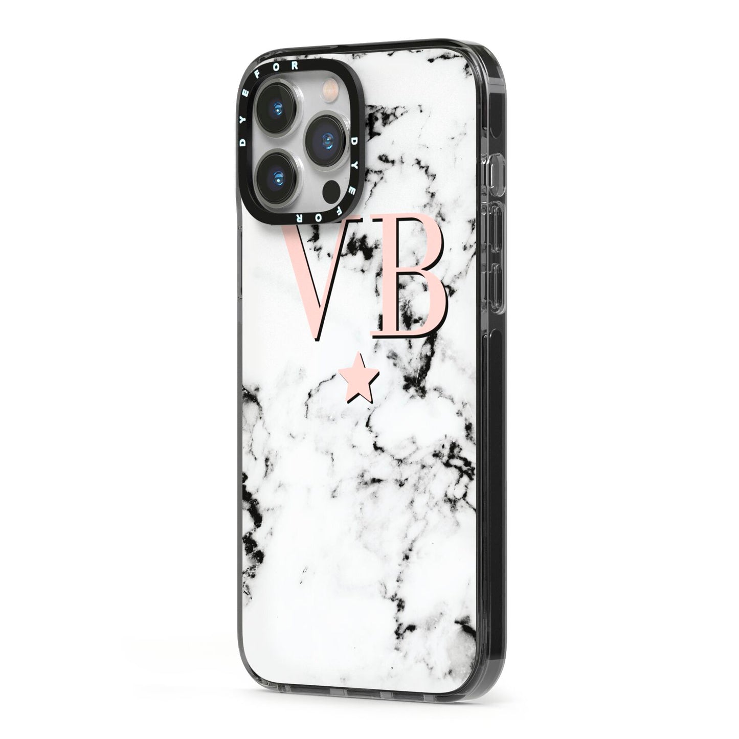 Personalised Coral Initials Star Marble iPhone 13 Pro Max Black Impact Case Side Angle on Silver phone
