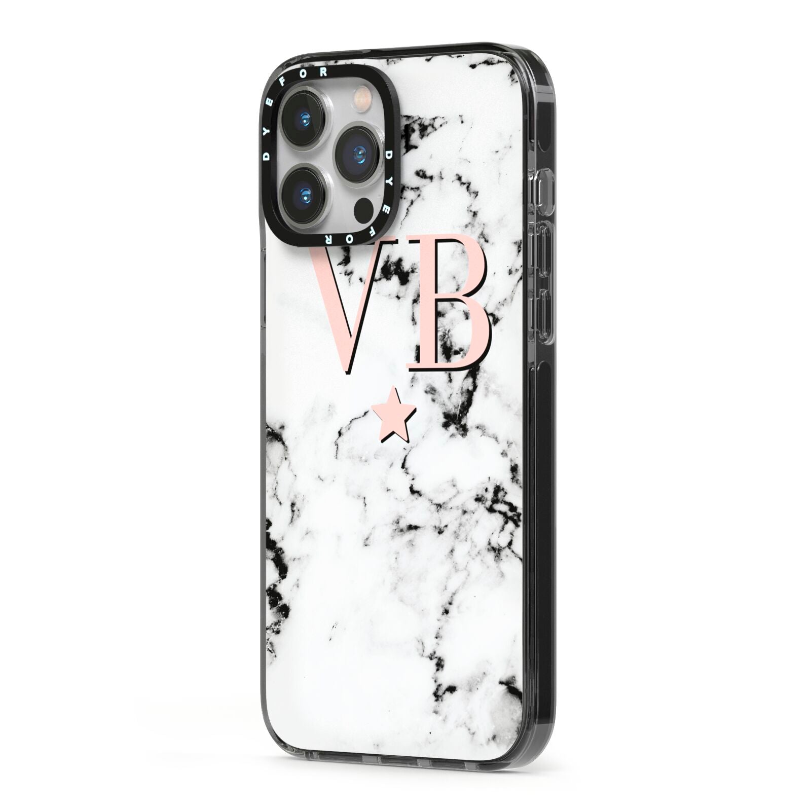 Personalised Coral Initials Star Marble iPhone 13 Pro Max Black Impact Case Side Angle on Silver phone
