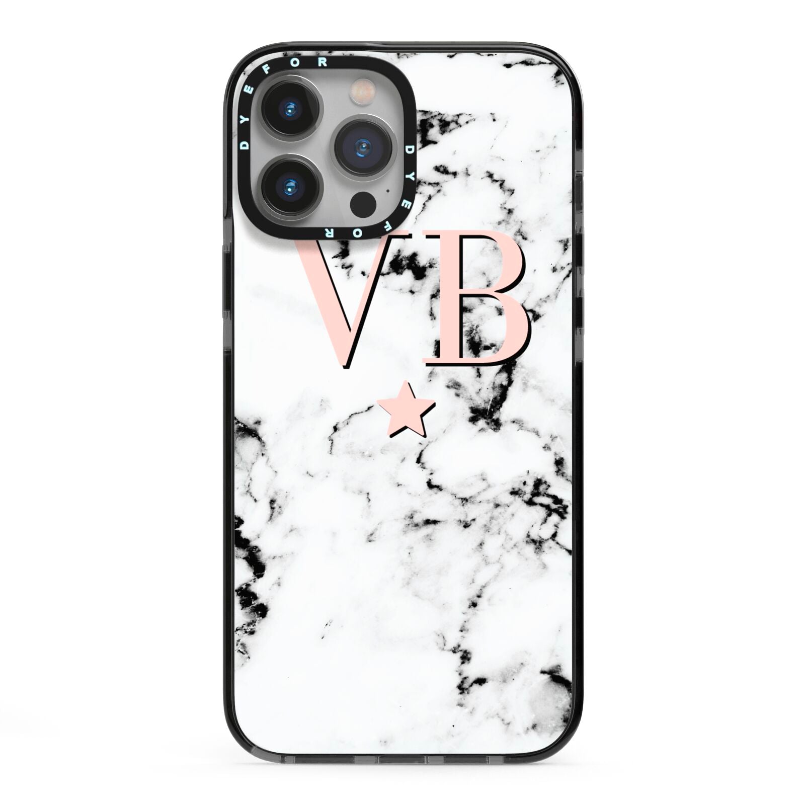 Personalised Coral Initials Star Marble iPhone 13 Pro Max Black Impact Case on Silver phone