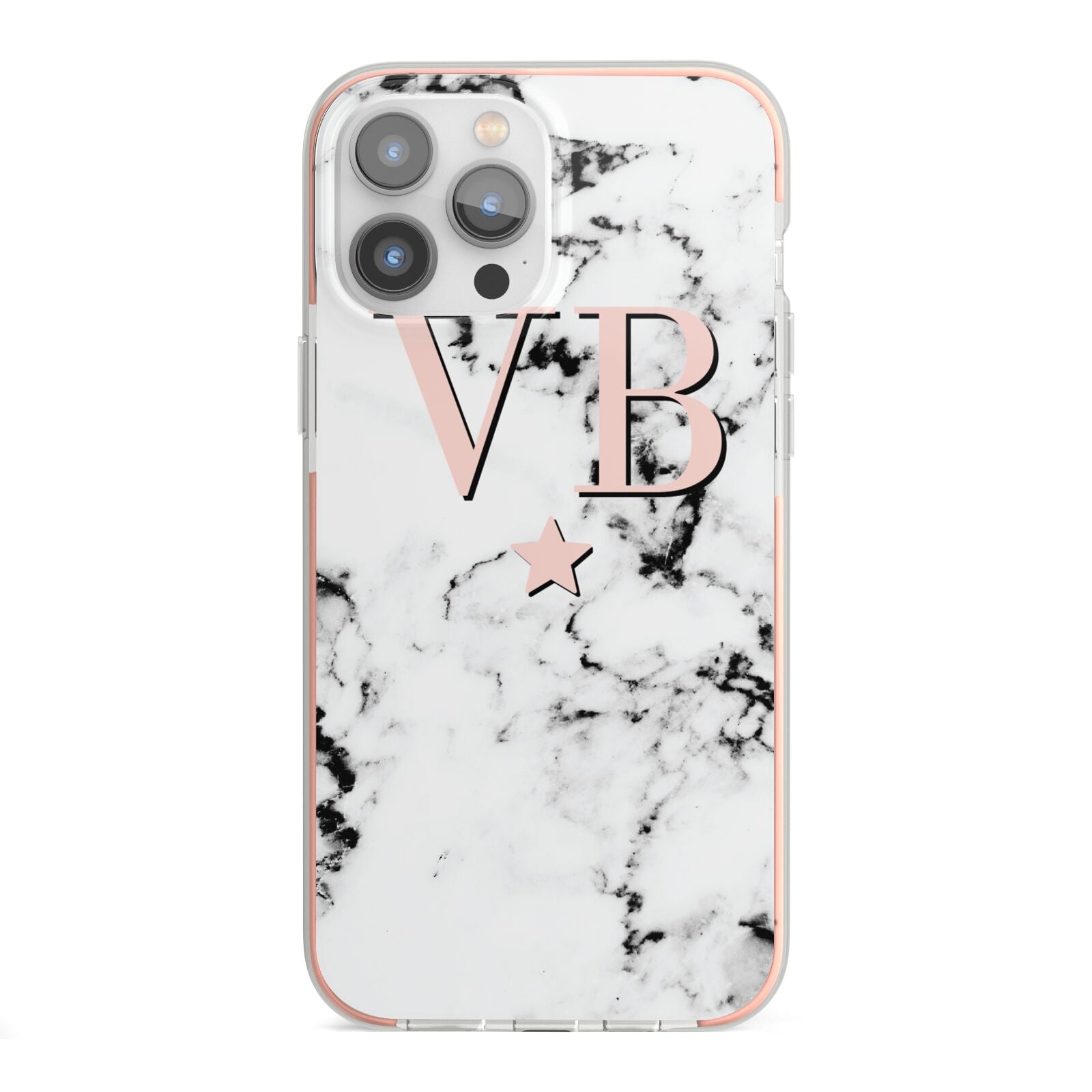 Personalised Coral Initials Star Marble iPhone 13 Pro Max TPU Impact Case with Pink Edges