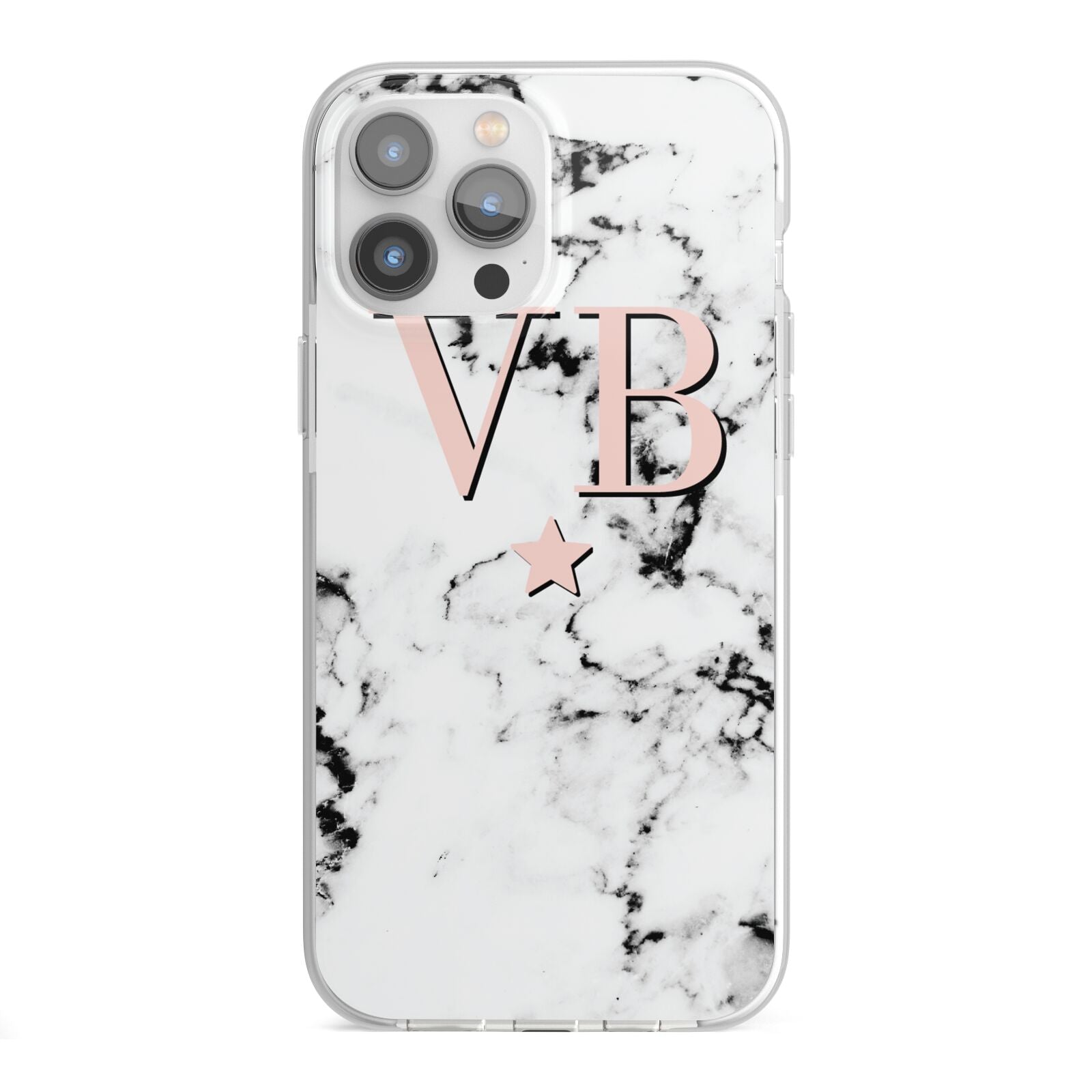 Personalised Coral Initials Star Marble iPhone 13 Pro Max TPU Impact Case with White Edges