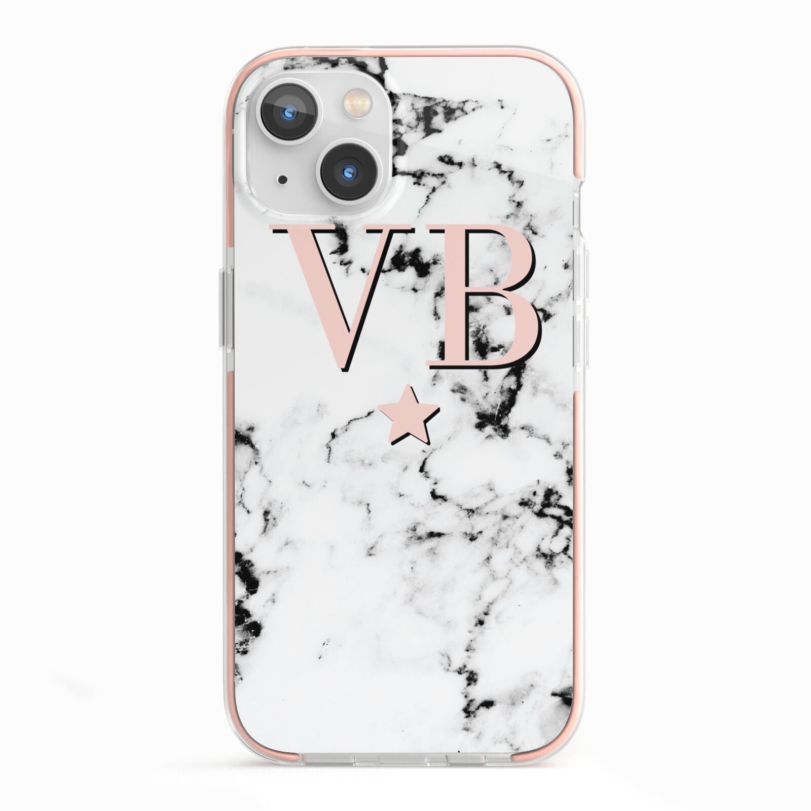 Personalised Coral Initials Star Marble iPhone 13 TPU Impact Case with Pink Edges