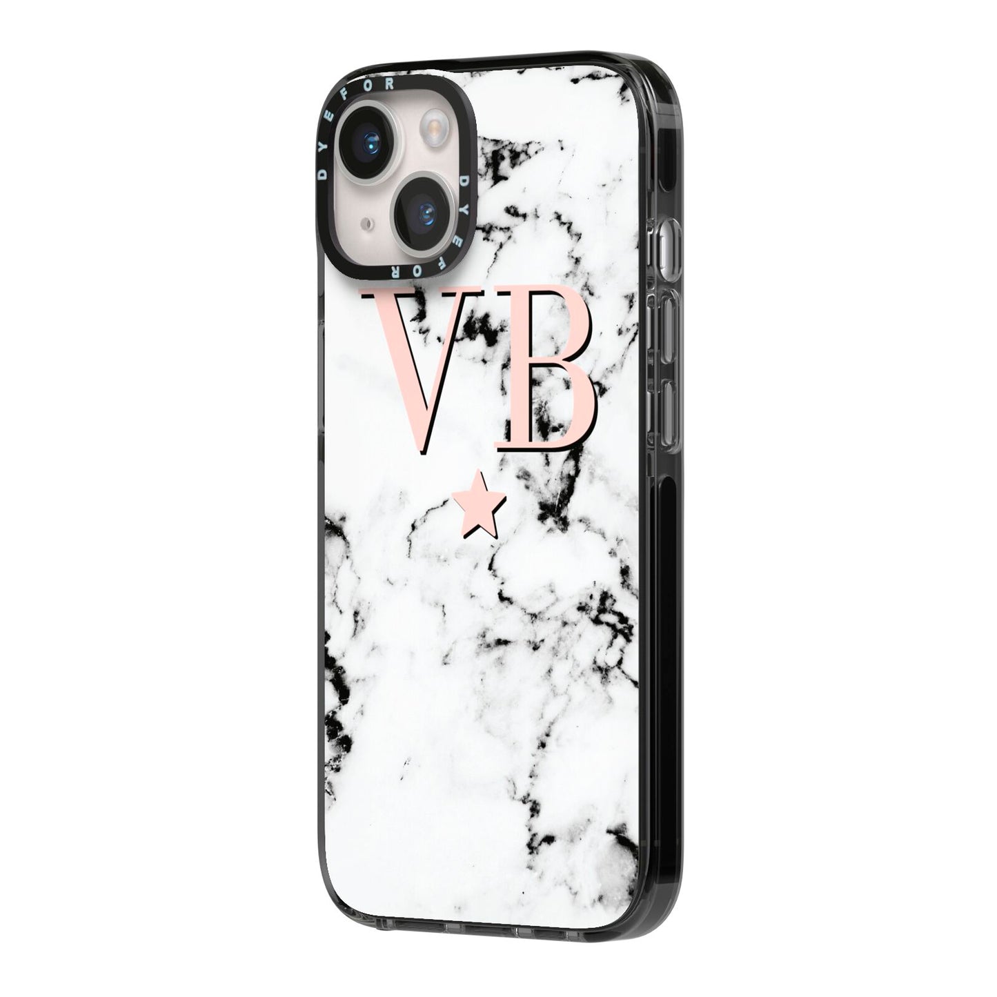 Personalised Coral Initials Star Marble iPhone 14 Black Impact Case Side Angle on Silver phone