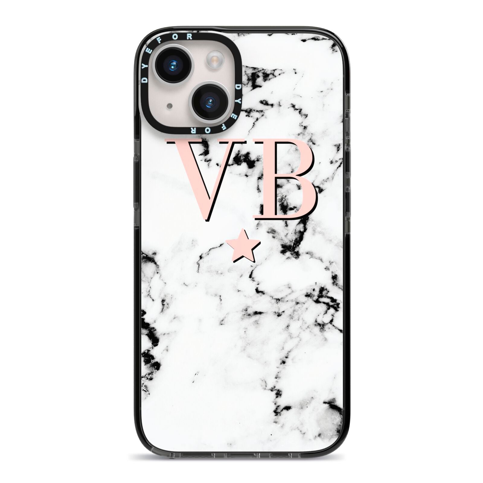 Personalised Coral Initials Star Marble iPhone 14 Black Impact Case on Silver phone