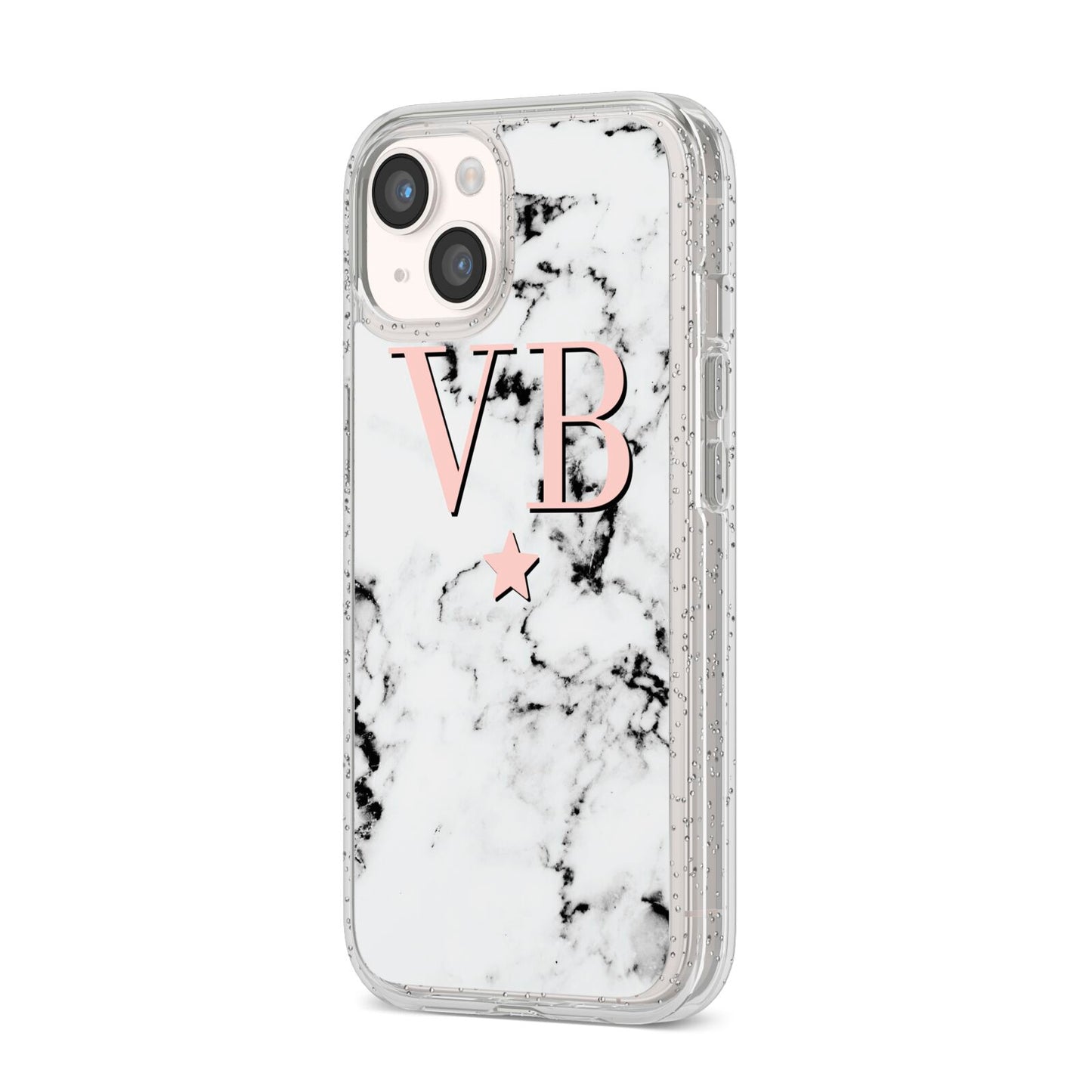 Personalised Coral Initials Star Marble iPhone 14 Glitter Tough Case Starlight Angled Image