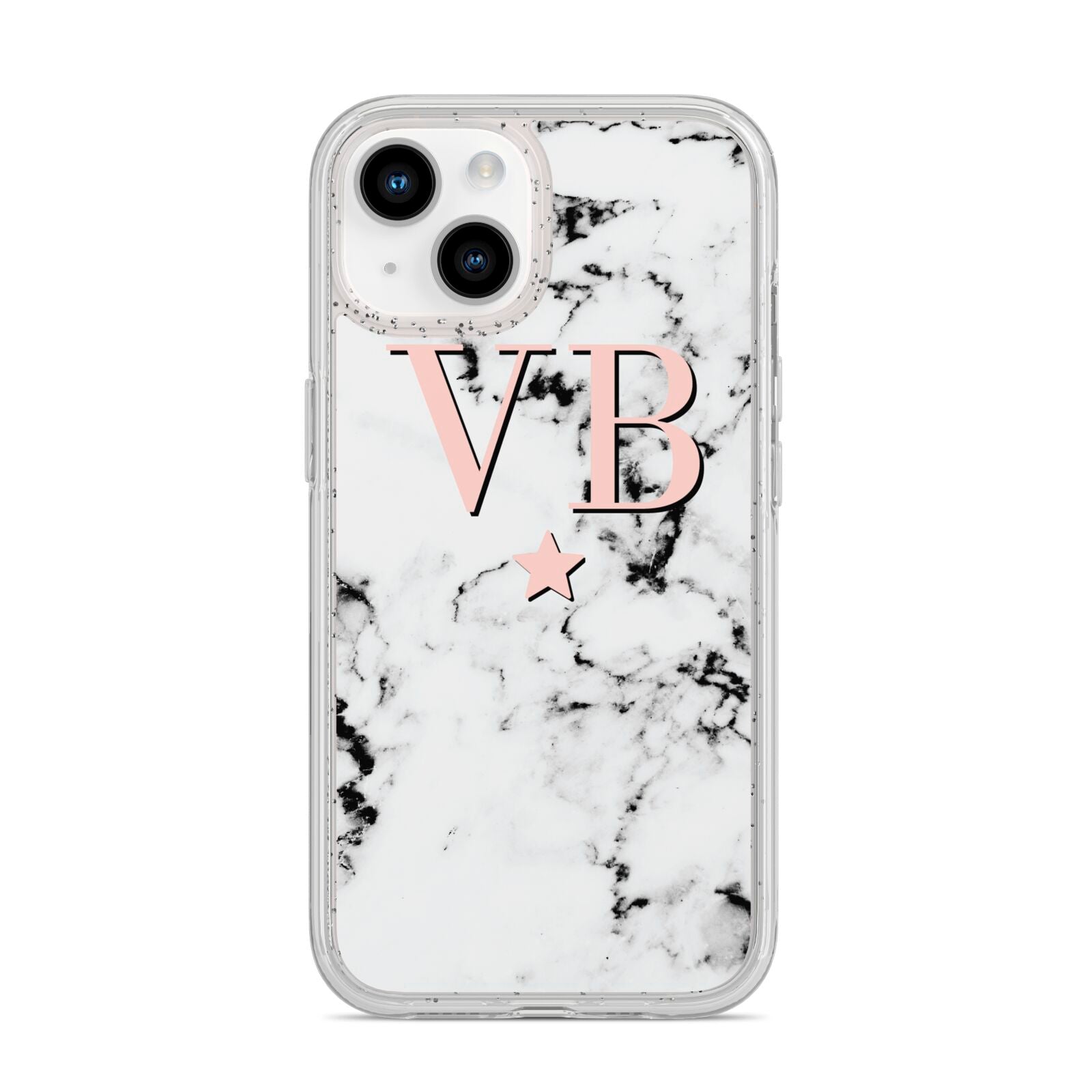 Personalised Coral Initials Star Marble iPhone 14 Glitter Tough Case Starlight