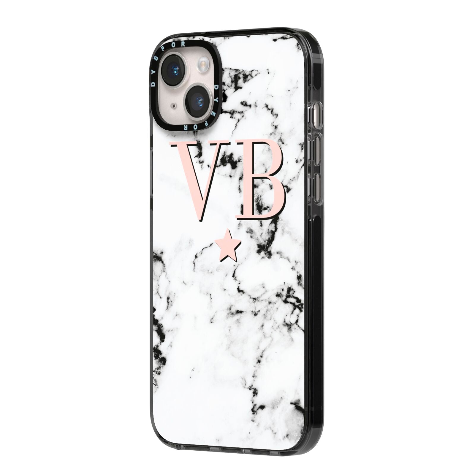 Personalised Coral Initials Star Marble iPhone 14 Plus Black Impact Case Side Angle on Silver phone