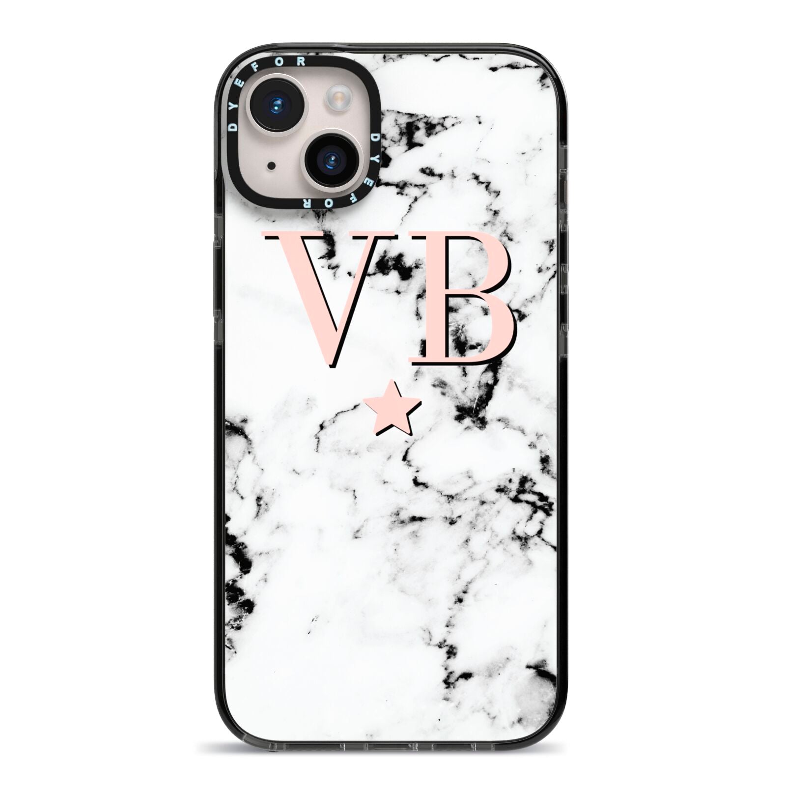 Personalised Coral Initials Star Marble iPhone 14 Plus Black Impact Case on Silver phone