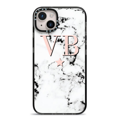 Personalised Coral Initials Star Marble iPhone 14 Plus Black Impact Case on Silver phone