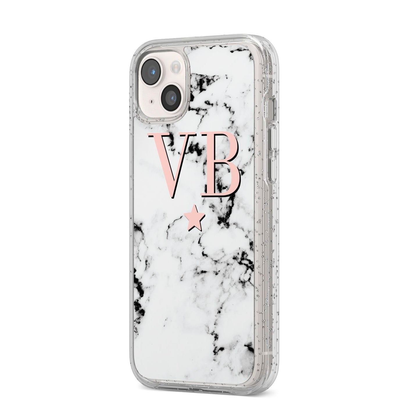 Personalised Coral Initials Star Marble iPhone 14 Plus Glitter Tough Case Starlight Angled Image