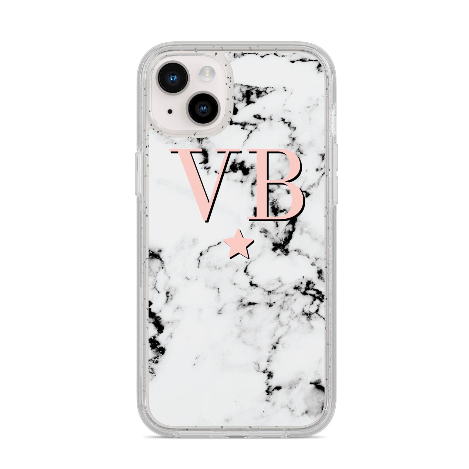 Personalised Coral Initials Star Marble iPhone 14 Plus Glitter Tough Case Starlight