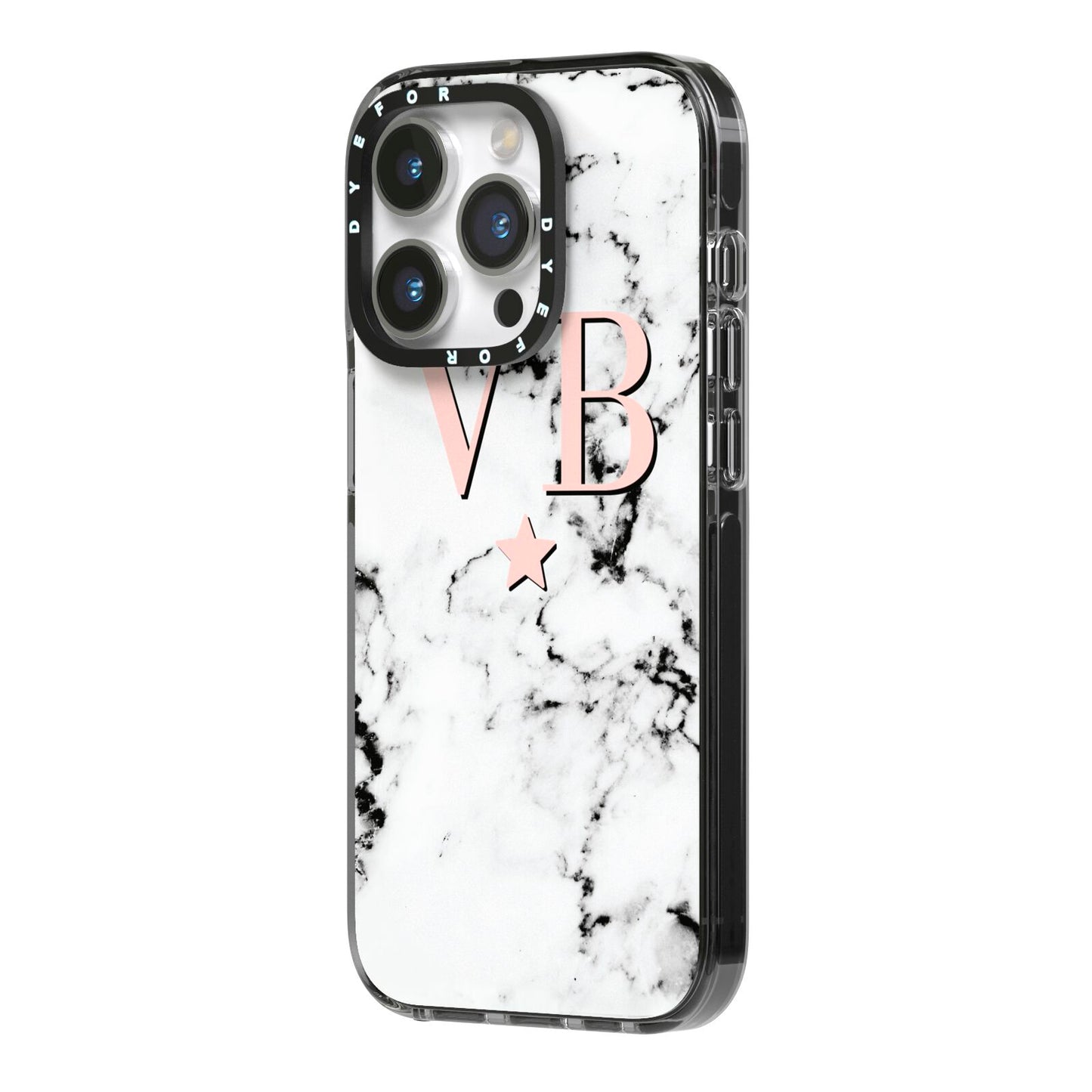 Personalised Coral Initials Star Marble iPhone 14 Pro Black Impact Case Side Angle on Silver phone