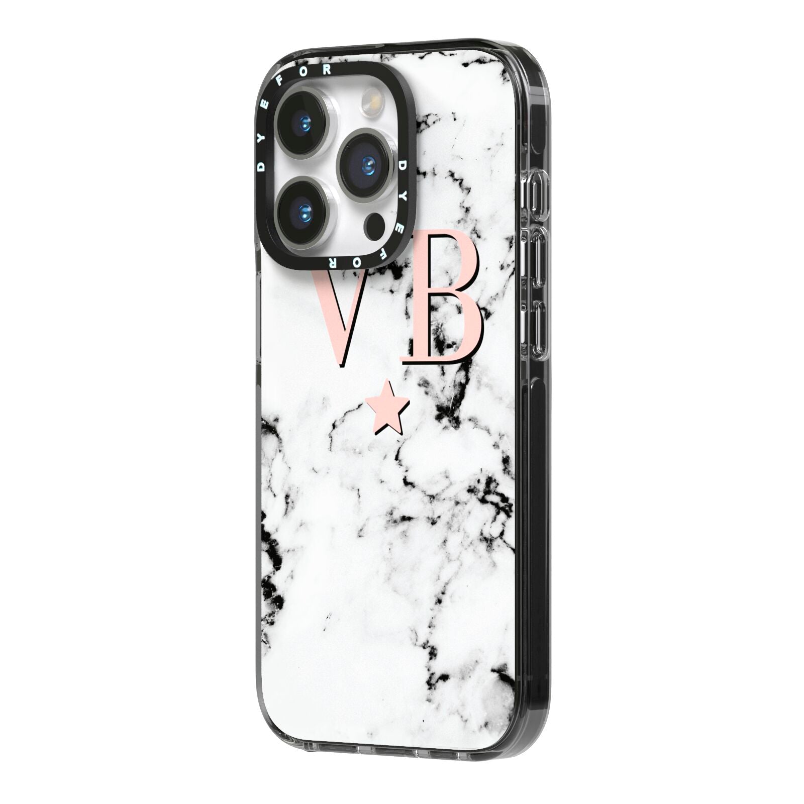 Personalised Coral Initials Star Marble iPhone 14 Pro Black Impact Case Side Angle on Silver phone