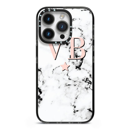 Personalised Coral Initials Star Marble iPhone 14 Pro Black Impact Case on Silver phone