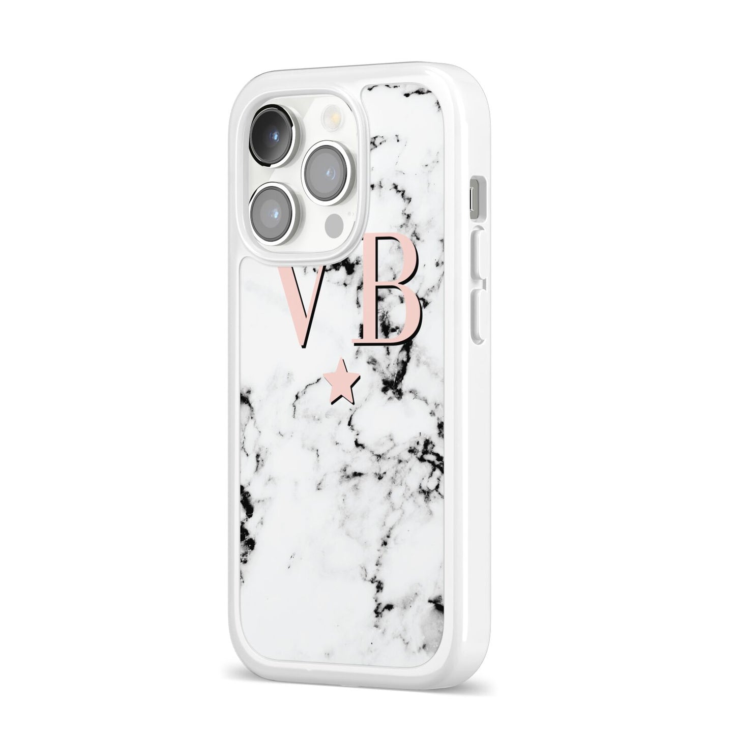 Personalised Coral Initials Star Marble iPhone 14 Pro Clear Tough Case Silver Angled Image