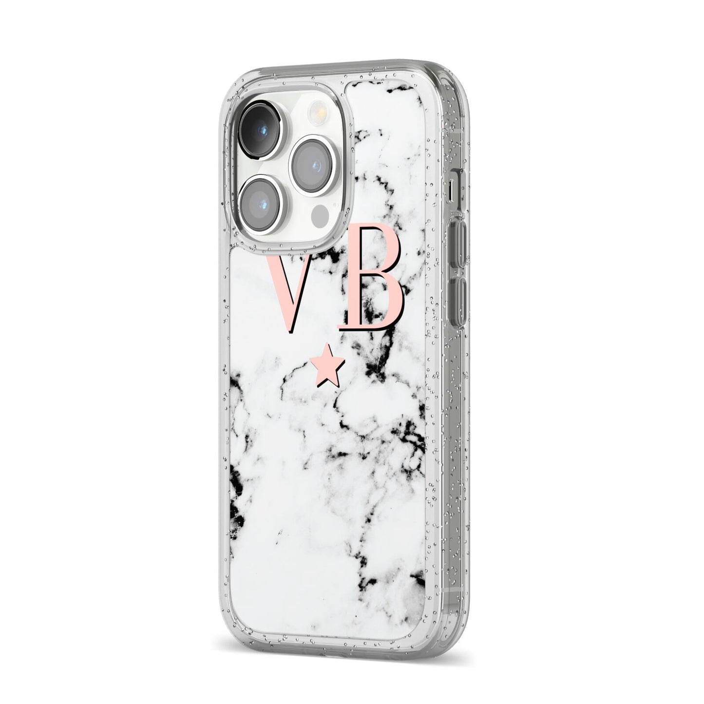 Personalised Coral Initials Star Marble iPhone 14 Pro Glitter Tough Case Silver Angled Image