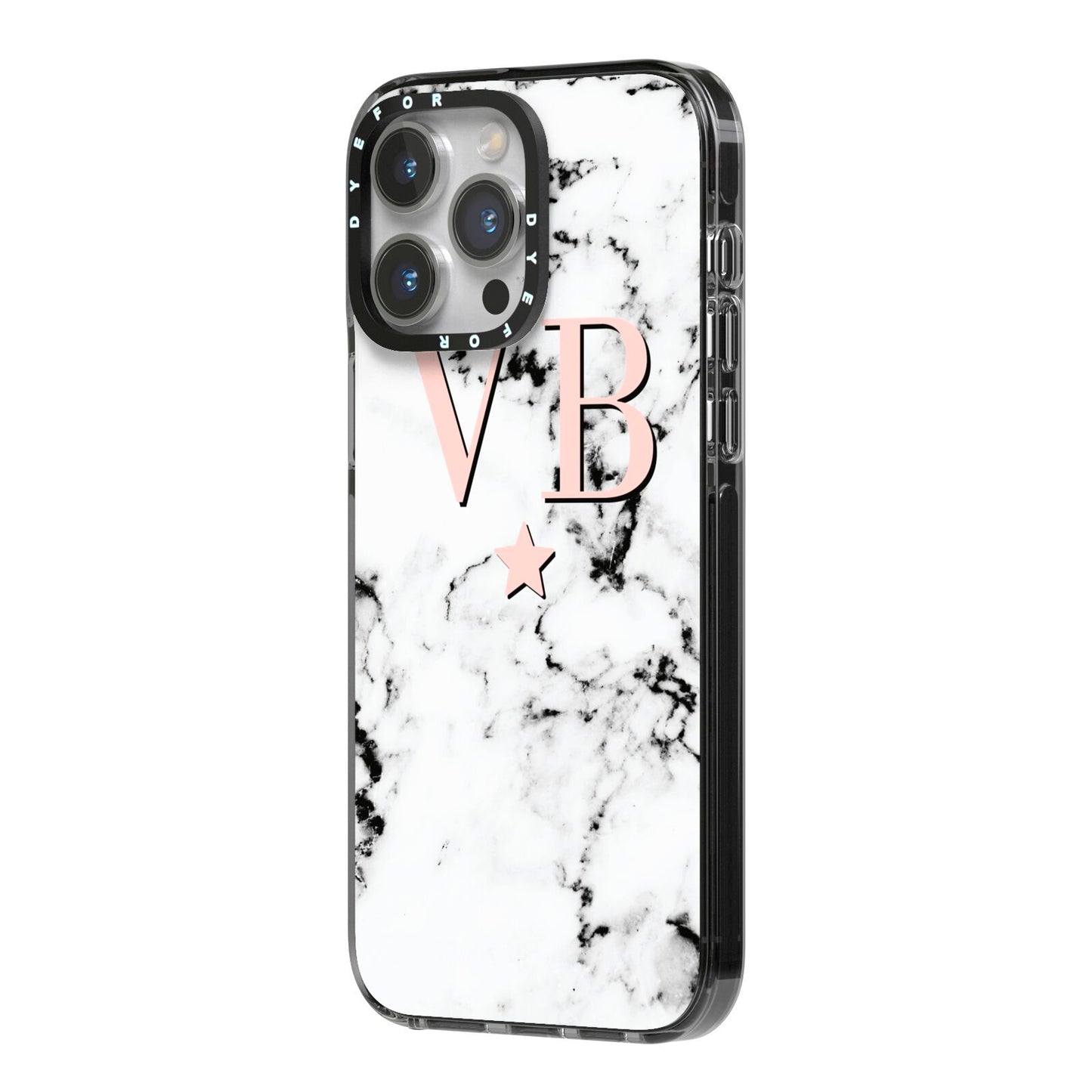 Personalised Coral Initials Star Marble iPhone 14 Pro Max Black Impact Case Side Angle on Silver phone