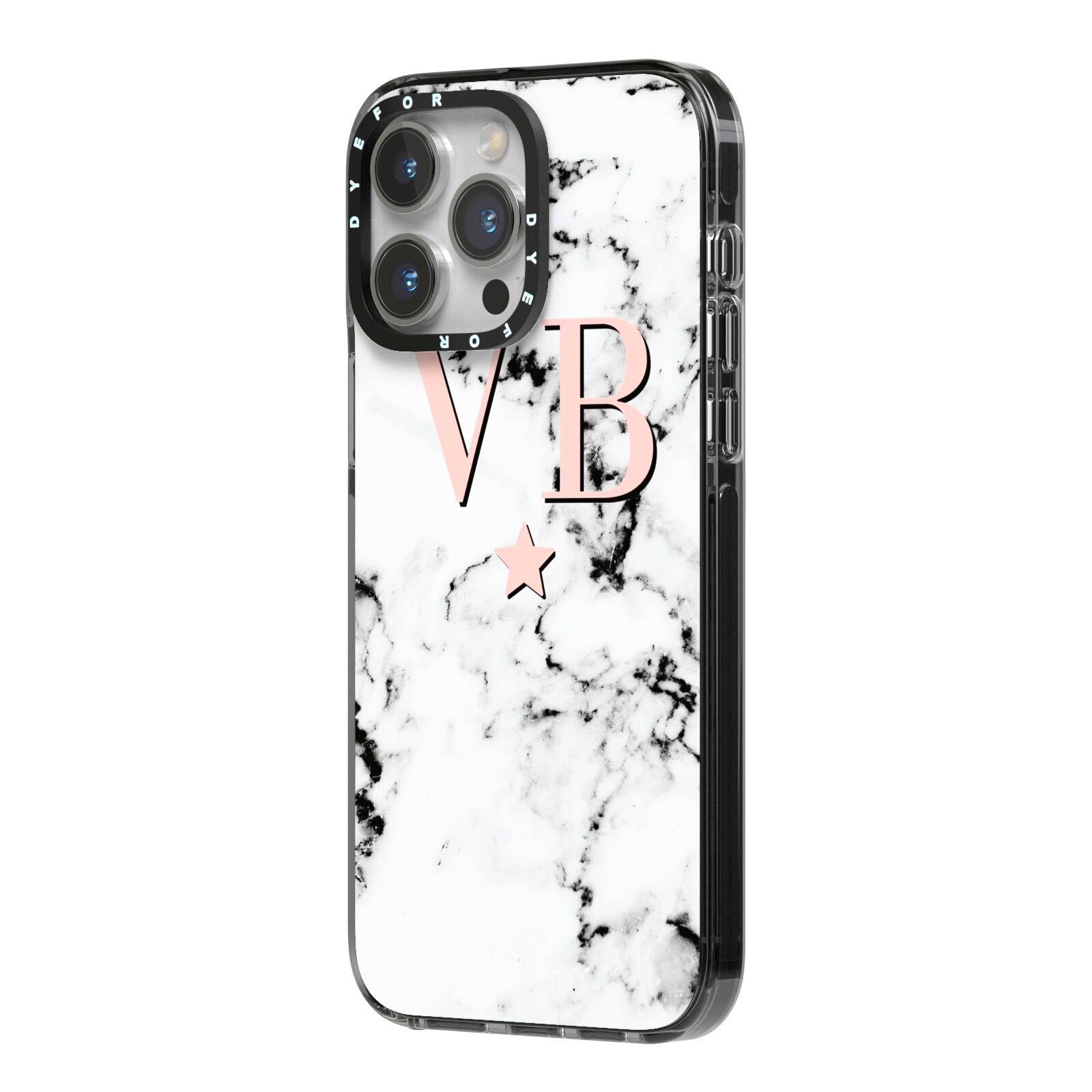 Personalised Coral Initials Star Marble iPhone 14 Pro Max Black Impact Case Side Angle on Silver phone