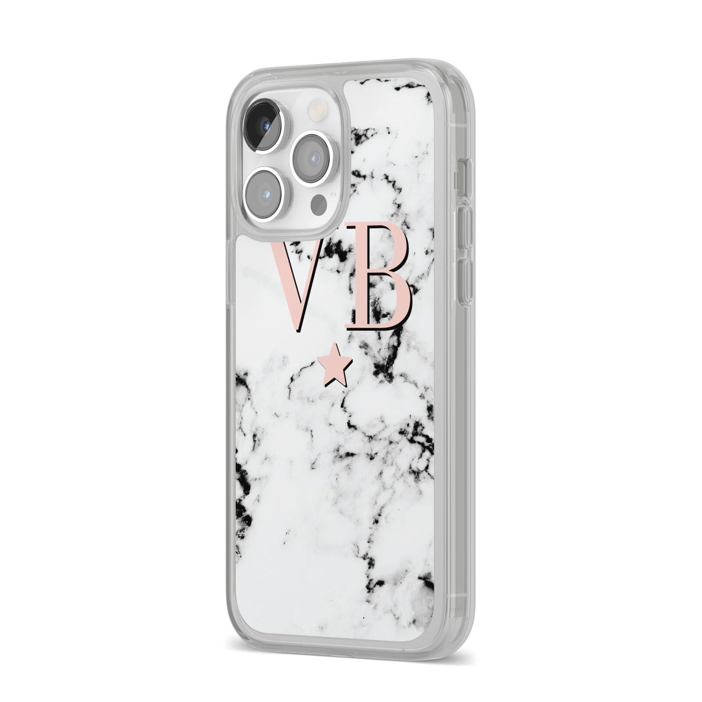 Personalised Coral Initials Star Marble iPhone 14 Pro Max Clear Tough Case Silver Angled Image