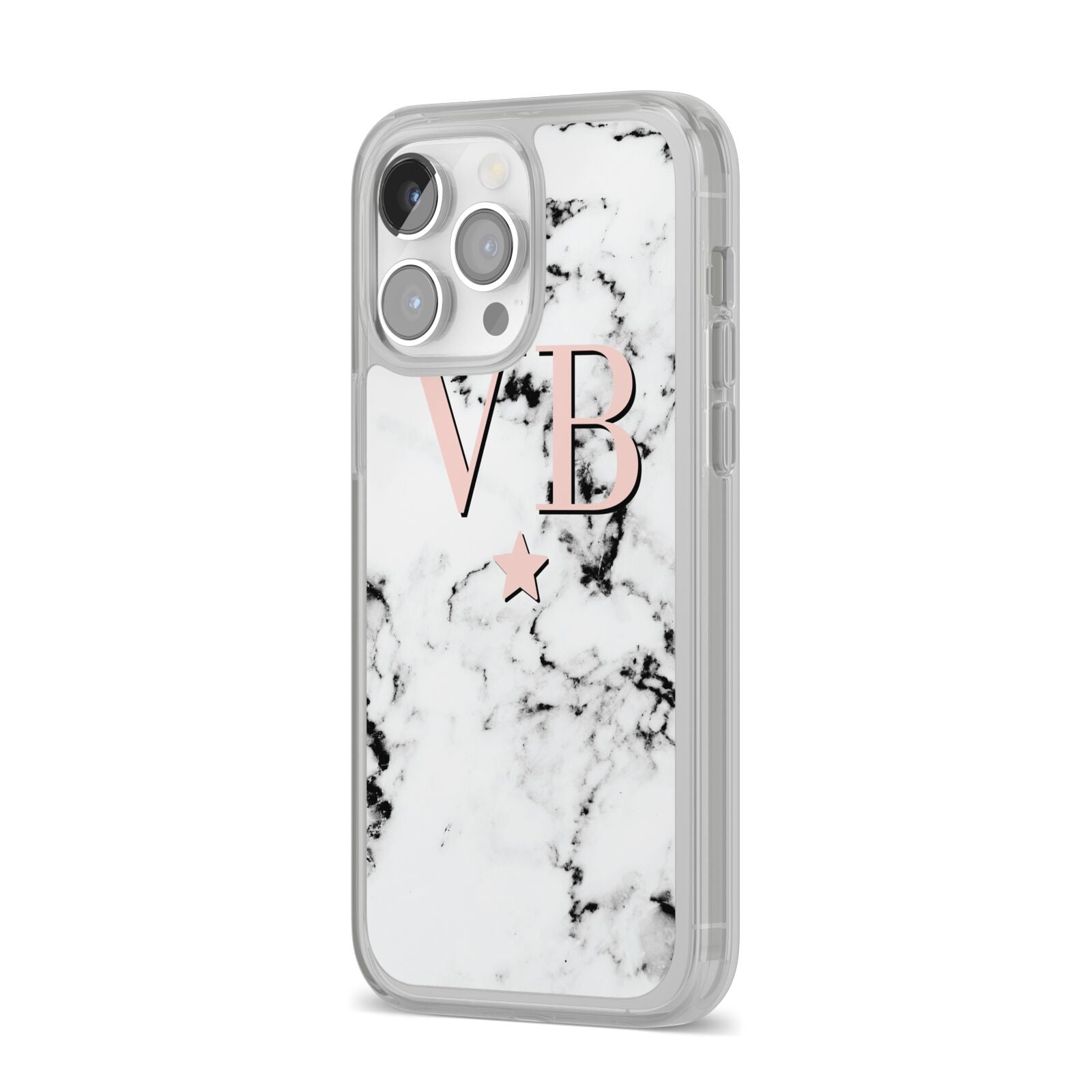 Personalised Coral Initials Star Marble iPhone 14 Pro Max Clear Tough Case Silver Angled Image