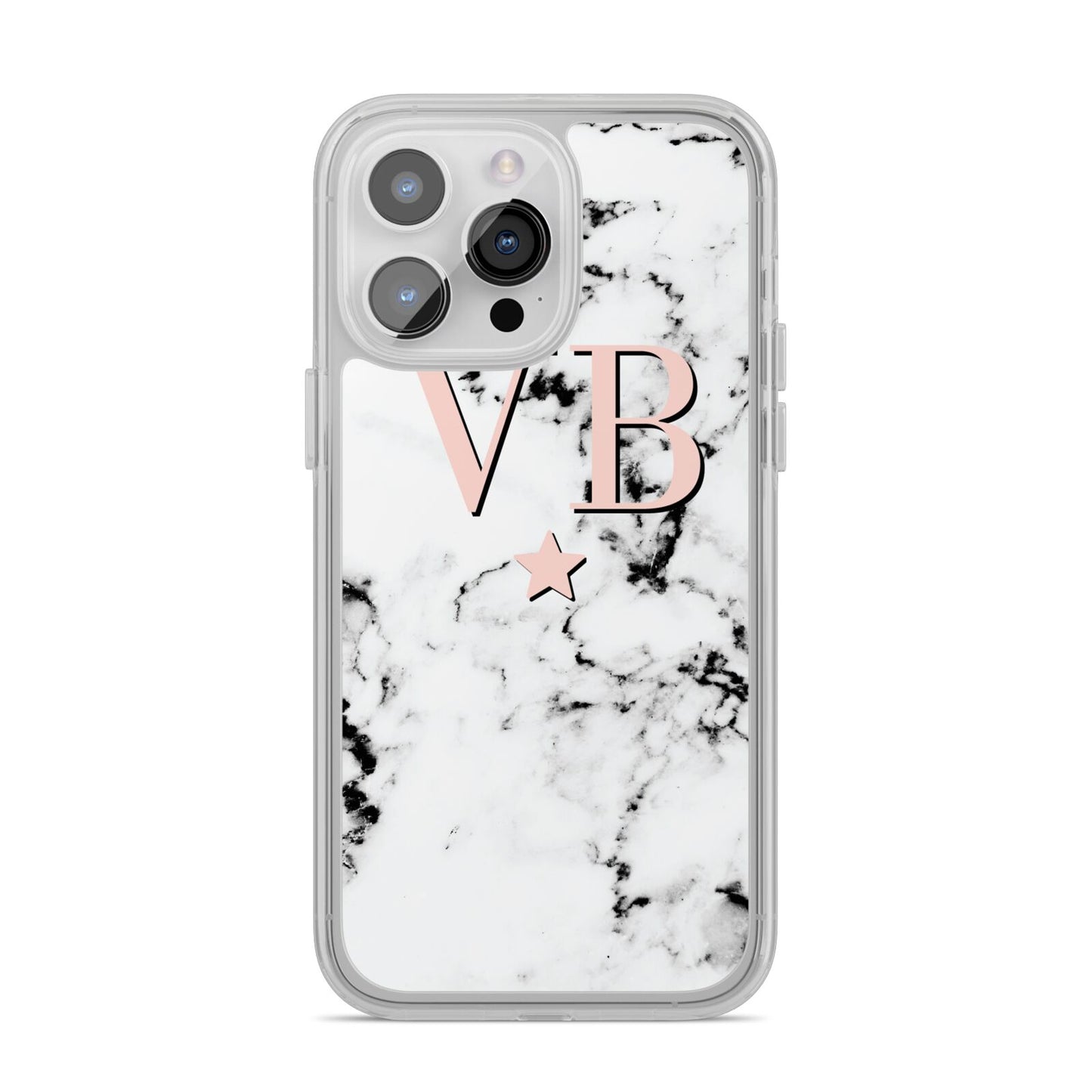 Personalised Coral Initials Star Marble iPhone 14 Pro Max Clear Tough Case Silver