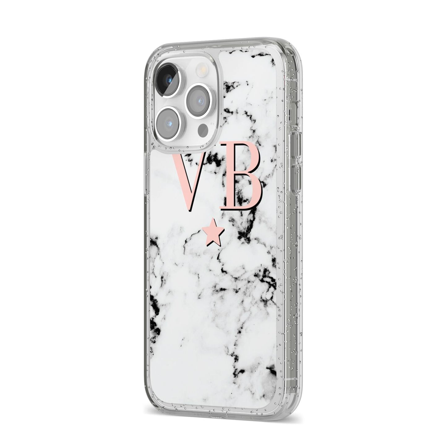 Personalised Coral Initials Star Marble iPhone 14 Pro Max Glitter Tough Case Silver Angled Image