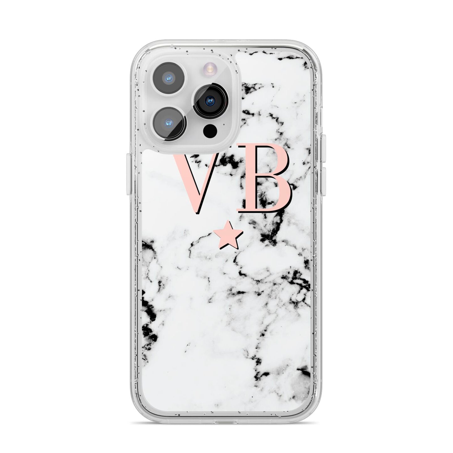 Personalised Coral Initials Star Marble iPhone 14 Pro Max Glitter Tough Case Silver