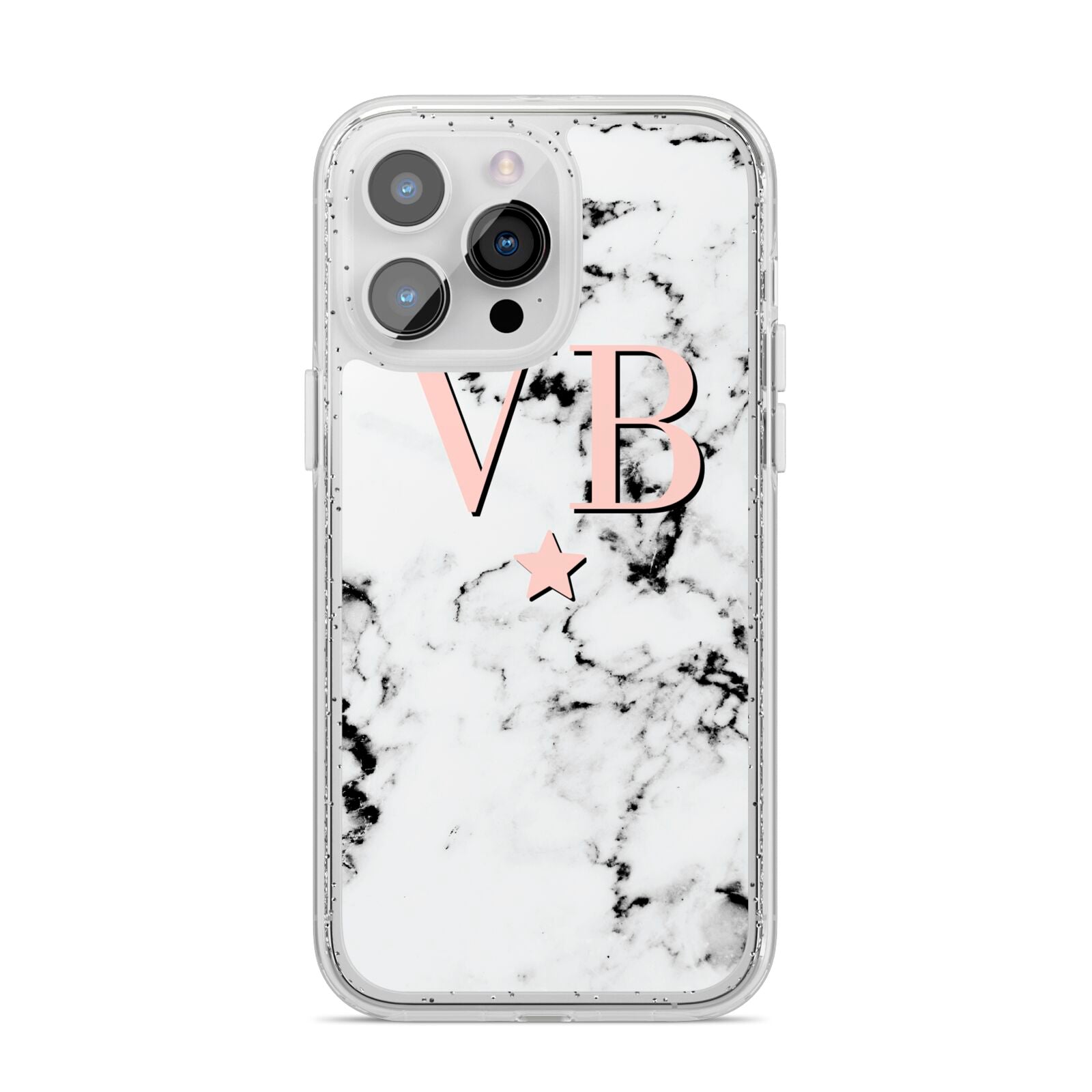 Personalised Coral Initials Star Marble iPhone 14 Pro Max Glitter Tough Case Silver