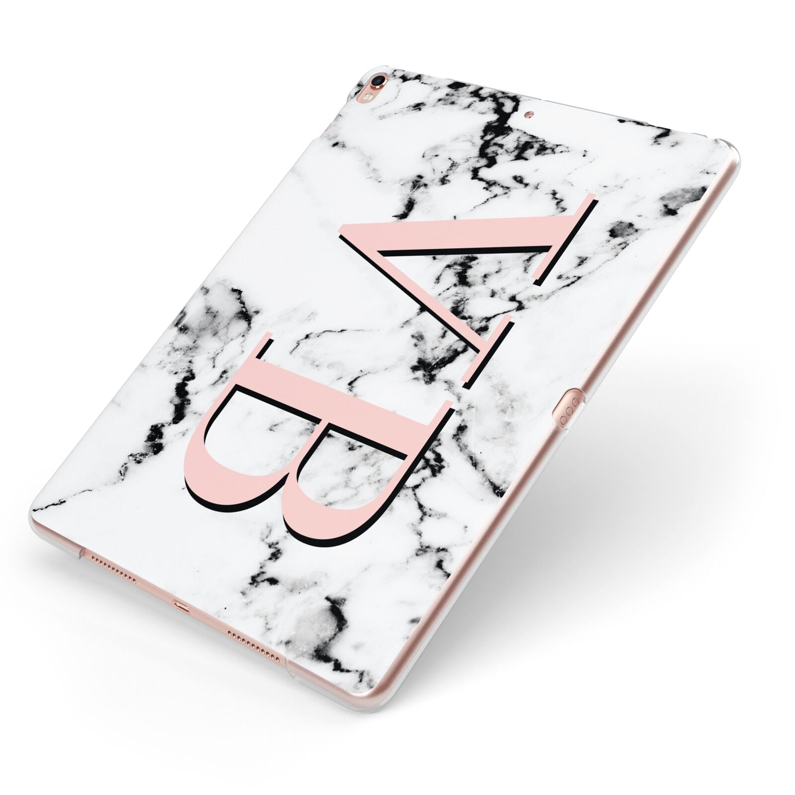 Personalised Coral Malble Initials Apple iPad Case on Rose Gold iPad Side View