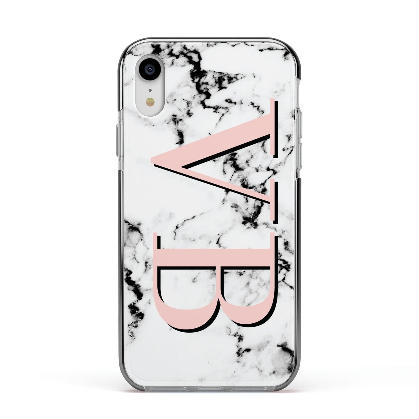 Personalised Coral Malble Initials Apple iPhone XR Impact Case Black Edge on Silver Phone