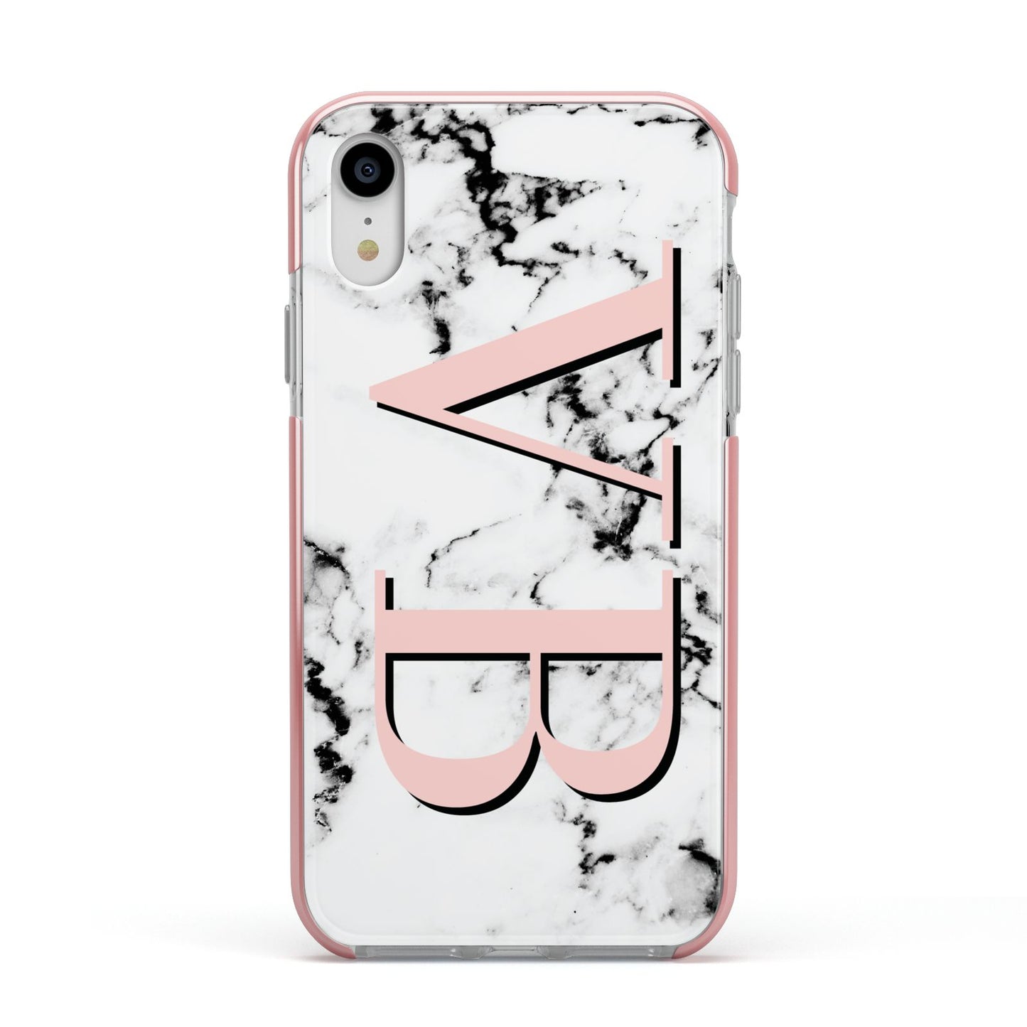 Personalised Coral Malble Initials Apple iPhone XR Impact Case Pink Edge on Silver Phone