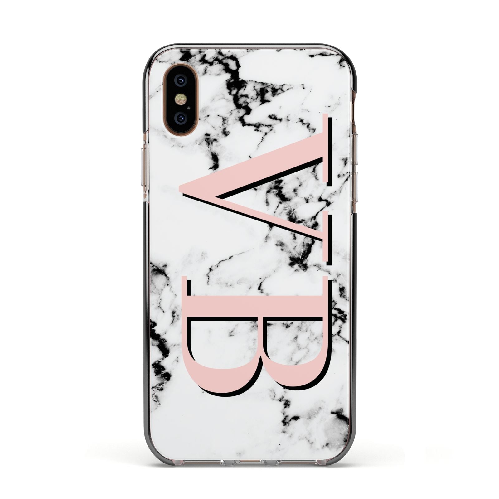 Personalised Coral Malble Initials Apple iPhone Xs Impact Case Black Edge on Gold Phone