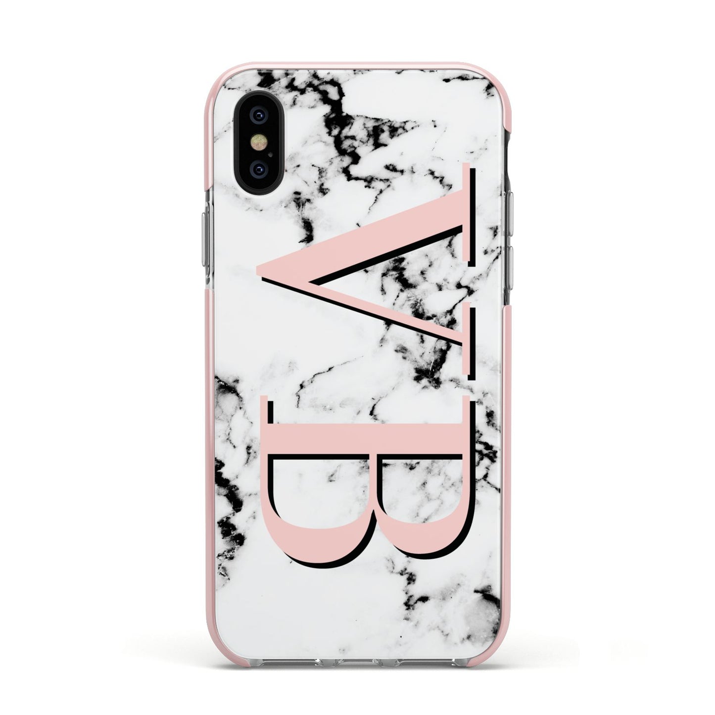 Personalised Coral Malble Initials Apple iPhone Xs Impact Case Pink Edge on Black Phone